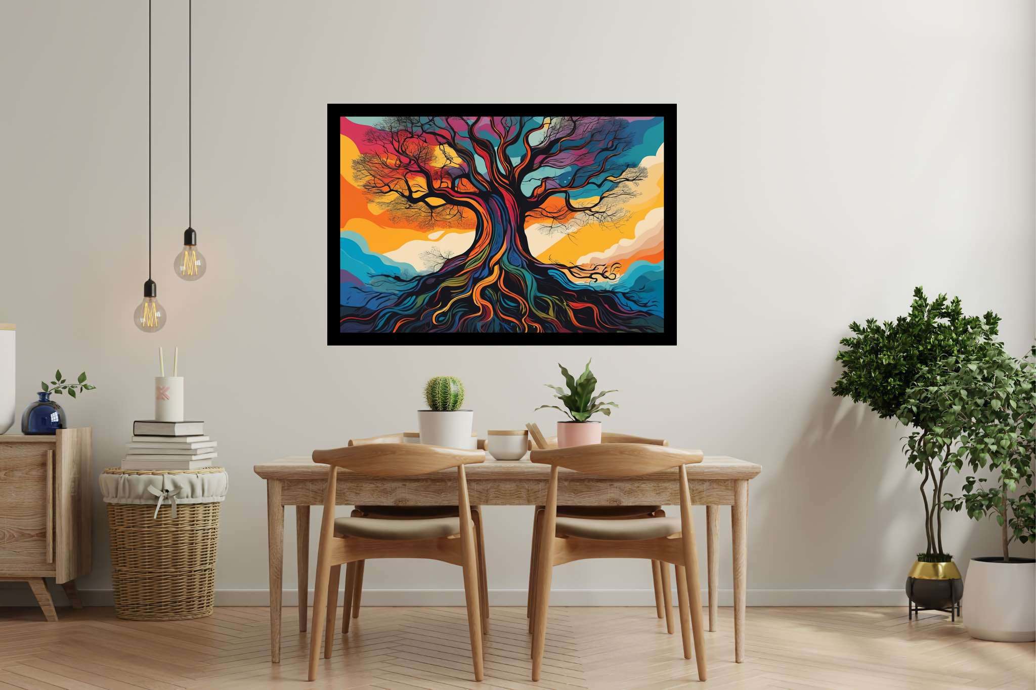 Aurora arborea dreamscape: Vibrant tree art with expressive tree art, in a room with minimalist approach, photographic wall art, and home furnishings. The art can be printed on poster, framed poster, canvas, metal, acrylic or wood, exclusively at WallArtZen. Find this exact print at https://wallartzen.com/waz215