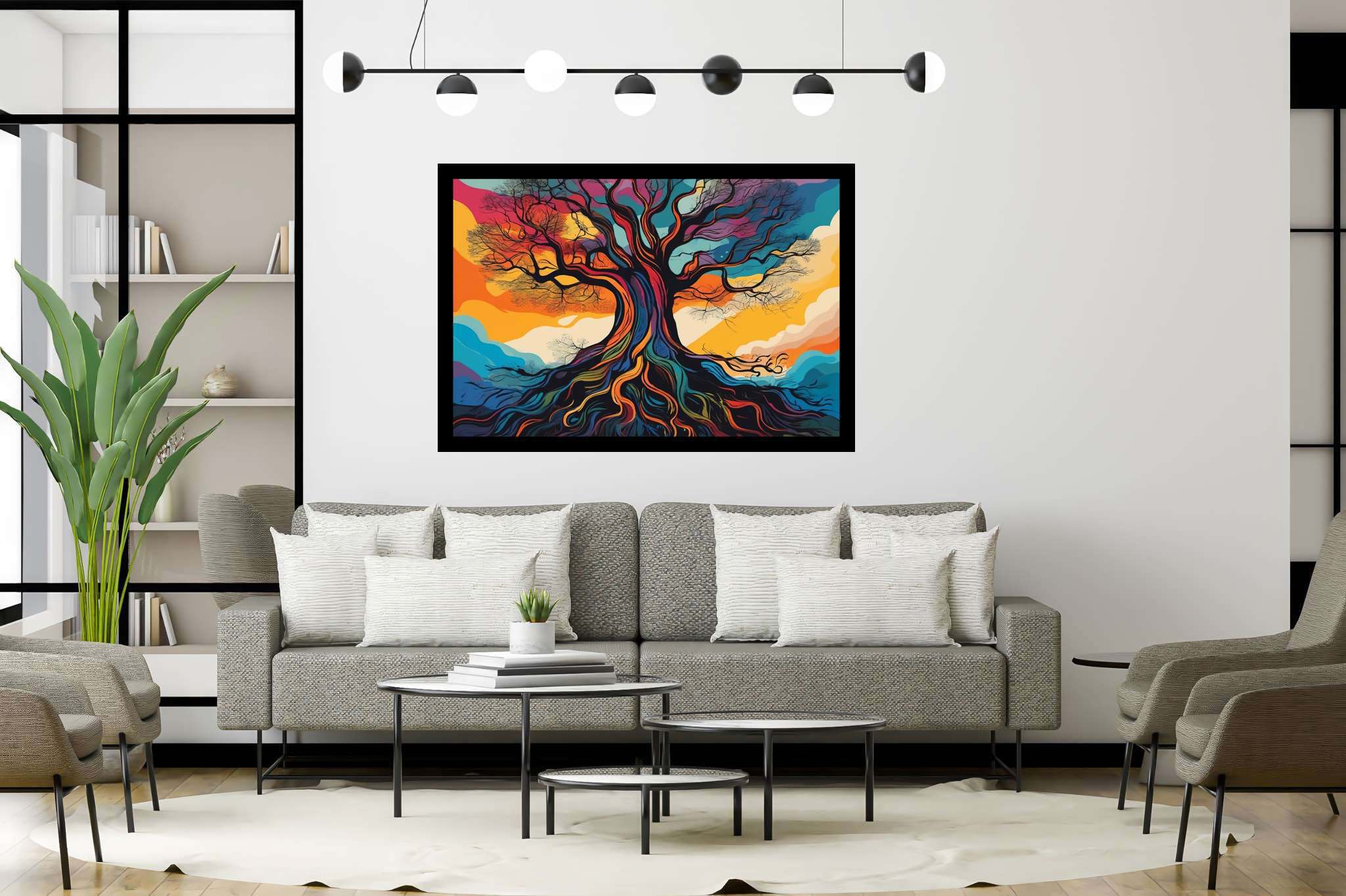 Aurora arborea dreamscape: Vibrant tree art with vibrant tree imagery, in a room with modern style, wall hangings, and luxe decor. The art can be printed on poster, framed poster, canvas, metal, acrylic or wood, exclusively at WallArtZen. Find this exact print at https://wallartzen.com/waz215