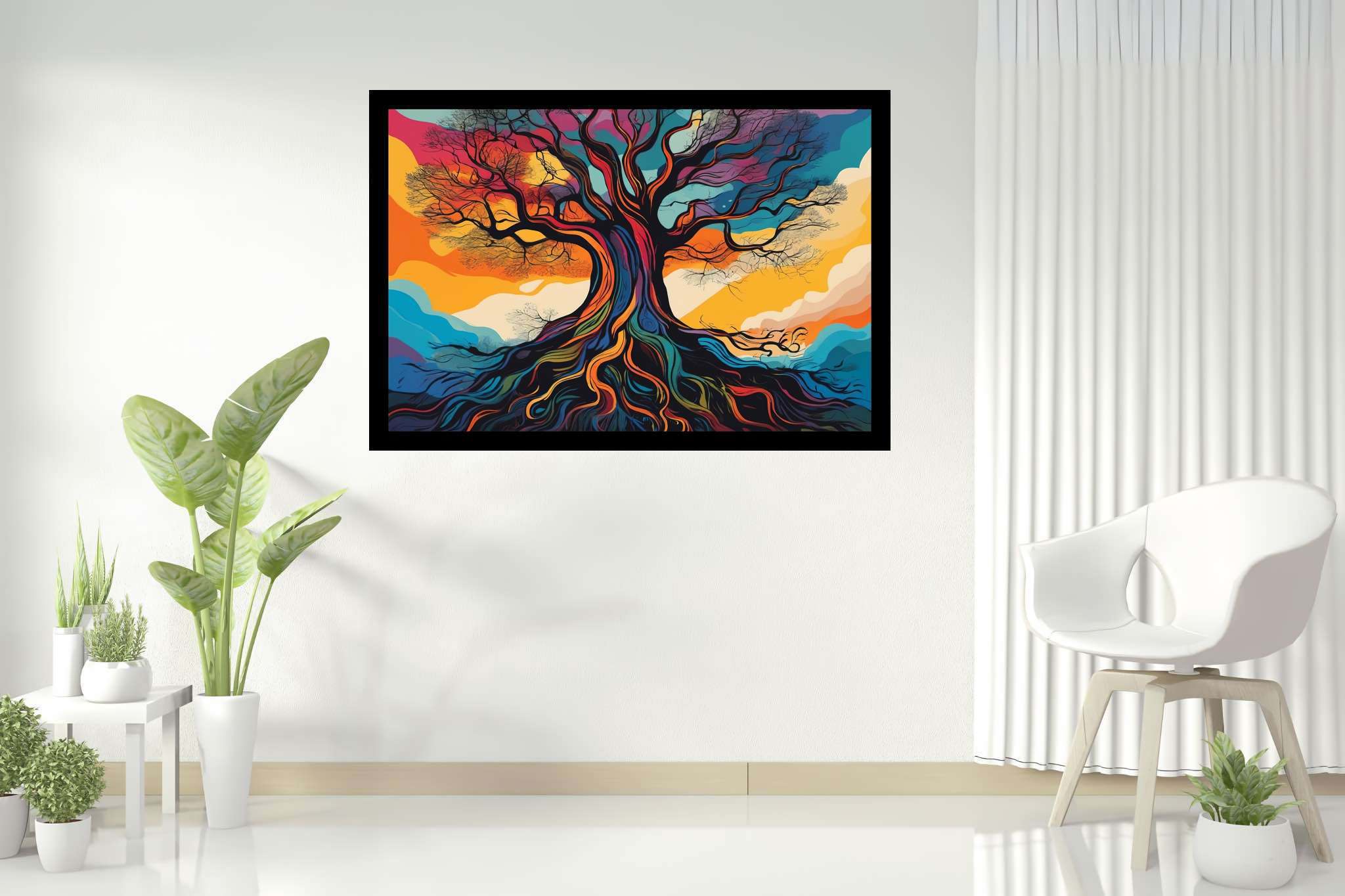Aurora arborea dreamscape: Vibrant tree art with colorful tree art, in a room with classic elegance, wall hangings, and artisan decor. The art can be printed on poster, framed poster, canvas, metal, acrylic or wood, exclusively at WallArtZen. Find this exact print at https://wallartzen.com/waz215