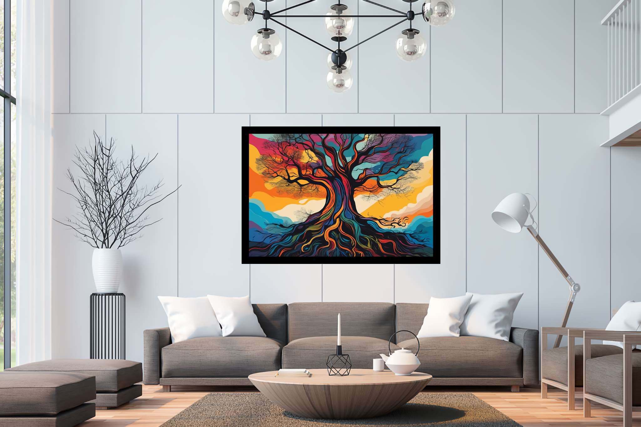 Aurora arborea dreamscape: Vibrant tree art with expressive tree art, in a room with artistic style, mural artworks, and home styling items. The art can be printed on poster, framed poster, canvas, metal, acrylic or wood, exclusively at WallArtZen. Find this exact print at https://wallartzen.com/waz215