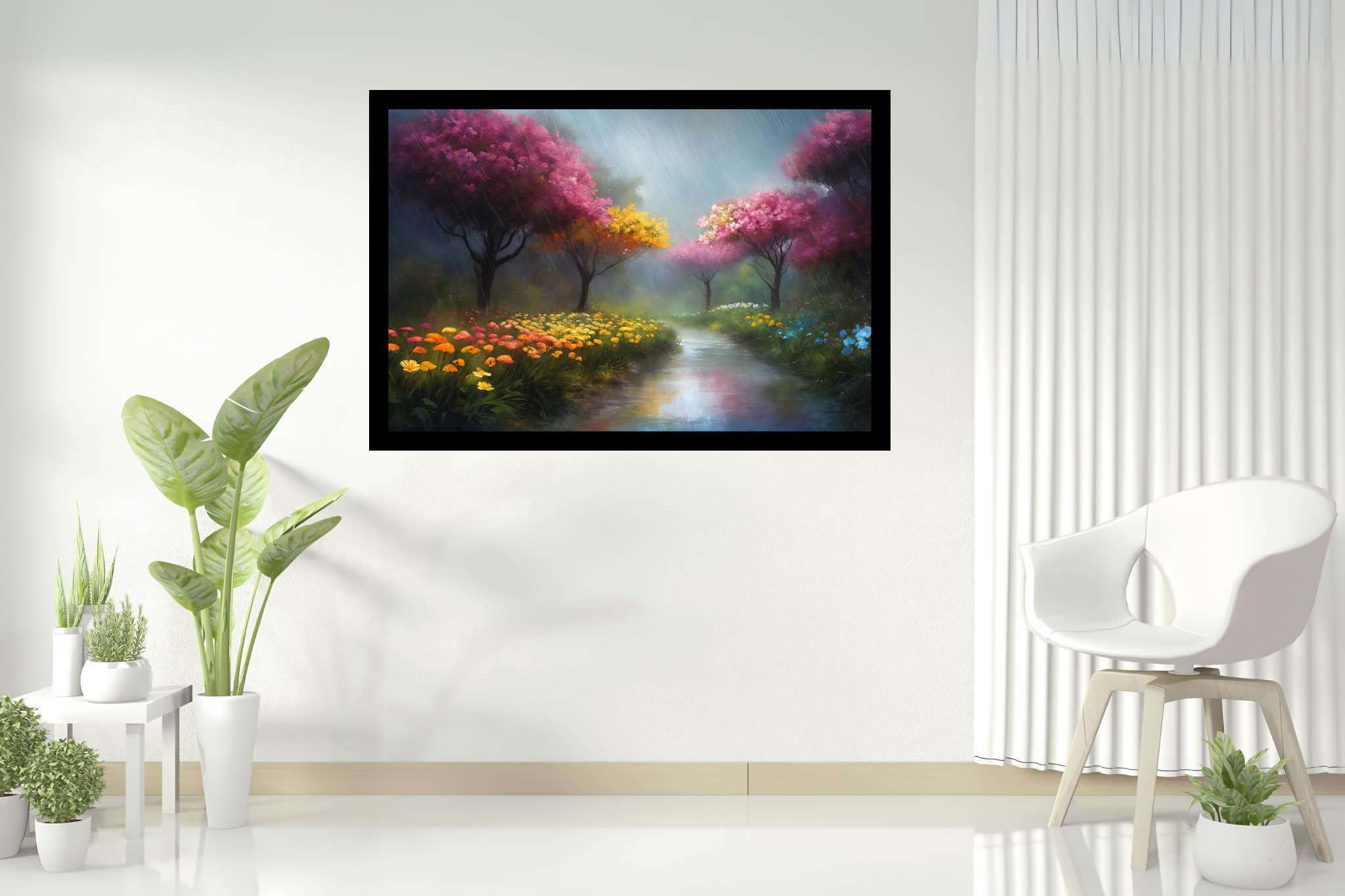 Murmurs of dawn stream: Nature art with nature-inspired abstract art, in a room with great design, wall art, and decorative pieces. The art can be printed on poster, framed poster, canvas, metal, acrylic or wood, exclusively at WallArtZen. Find this exact print at https://wallartzen.com/waz216