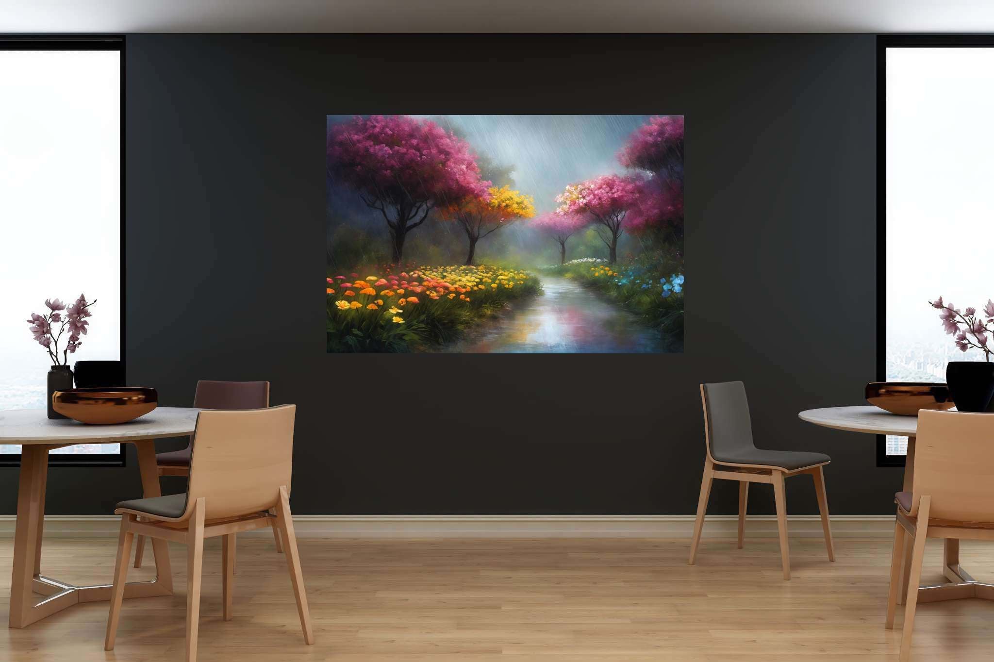 Murmurs of dawn stream: Nature art with wildlife art, in a room with minimalist approach, wall hangings, and artisan decor. The art can be printed on poster, framed poster, canvas, metal, acrylic or wood, exclusively at WallArtZen. Find this exact print at https://wallartzen.com/waz216