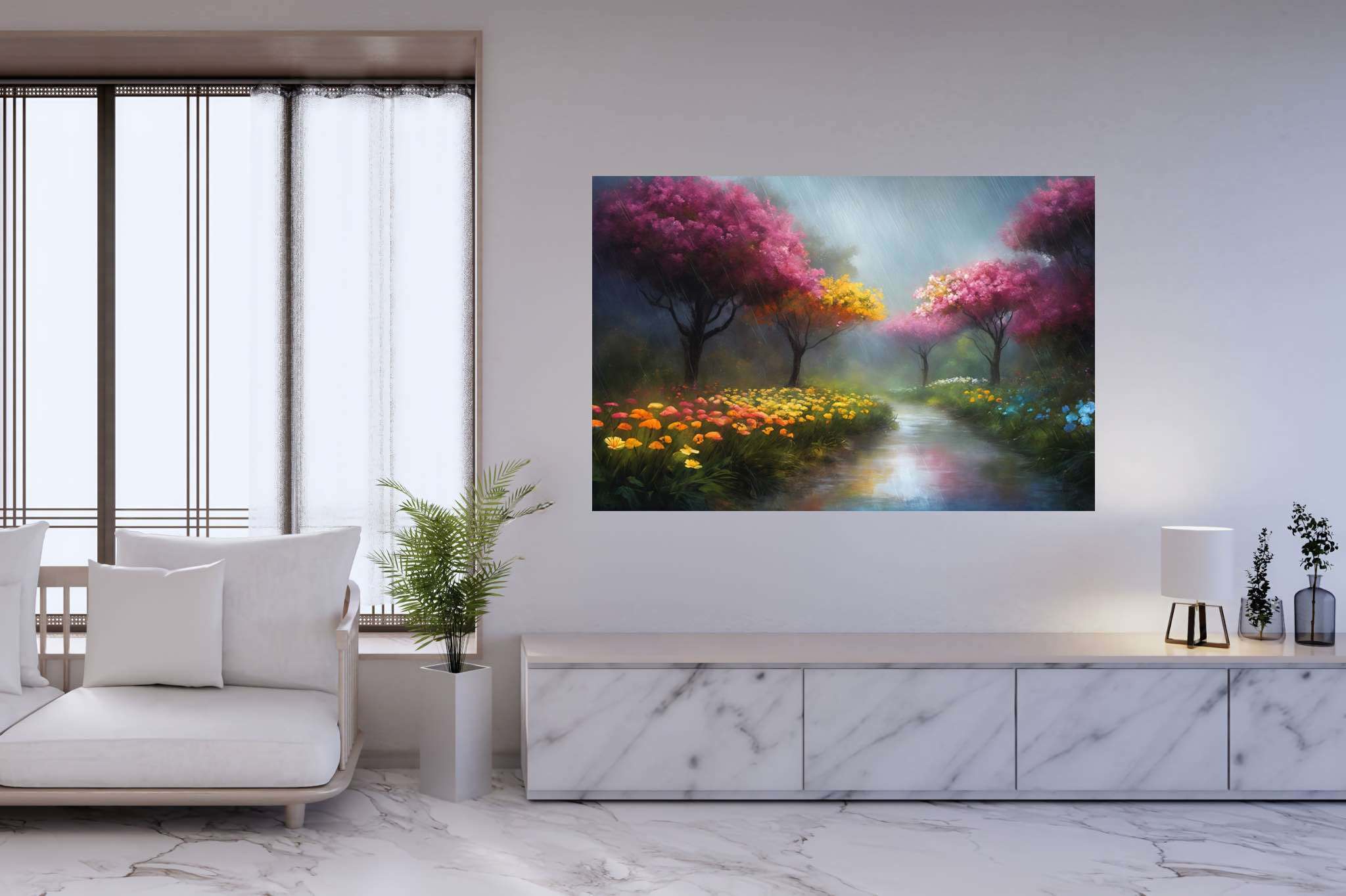 Murmurs of dawn stream: Nature art with nature art, in a room with classic elegance, canvas prints, and artisan decor. The art can be printed on poster, framed poster, canvas, metal, acrylic or wood, exclusively at WallArtZen. Find this exact print at https://wallartzen.com/waz216