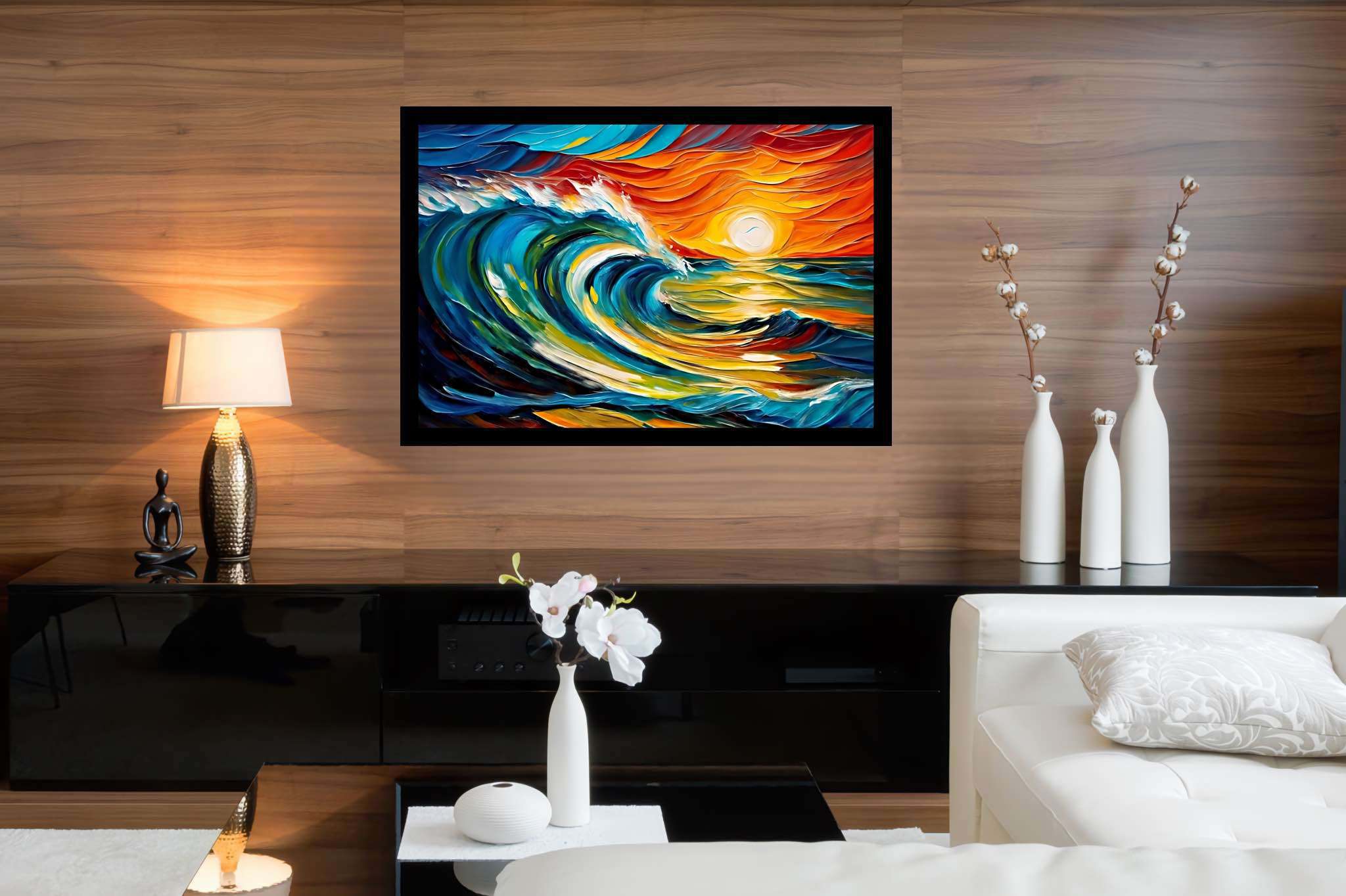 Chromatic horizons endgame: Sunset art with vibrant horizons, in a room with urban design, wall hangings, and home furnishings. The art can be printed on poster, framed poster, canvas, metal, acrylic or wood, exclusively at WallArtZen. Find this exact print at https://wallartzen.com/waz217