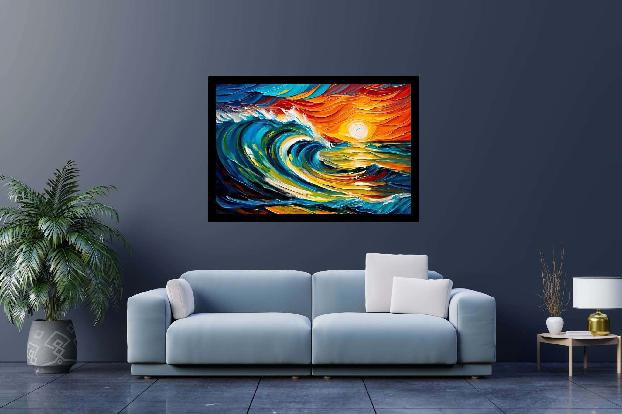 Chromatic horizons endgame: Sunset art with landscape artwork, in a room with elegant layout, digital art pieces, and artisan decor. The art can be printed on poster, framed poster, canvas, metal, acrylic or wood, exclusively at WallArtZen. Find this exact print at https://wallartzen.com/waz217