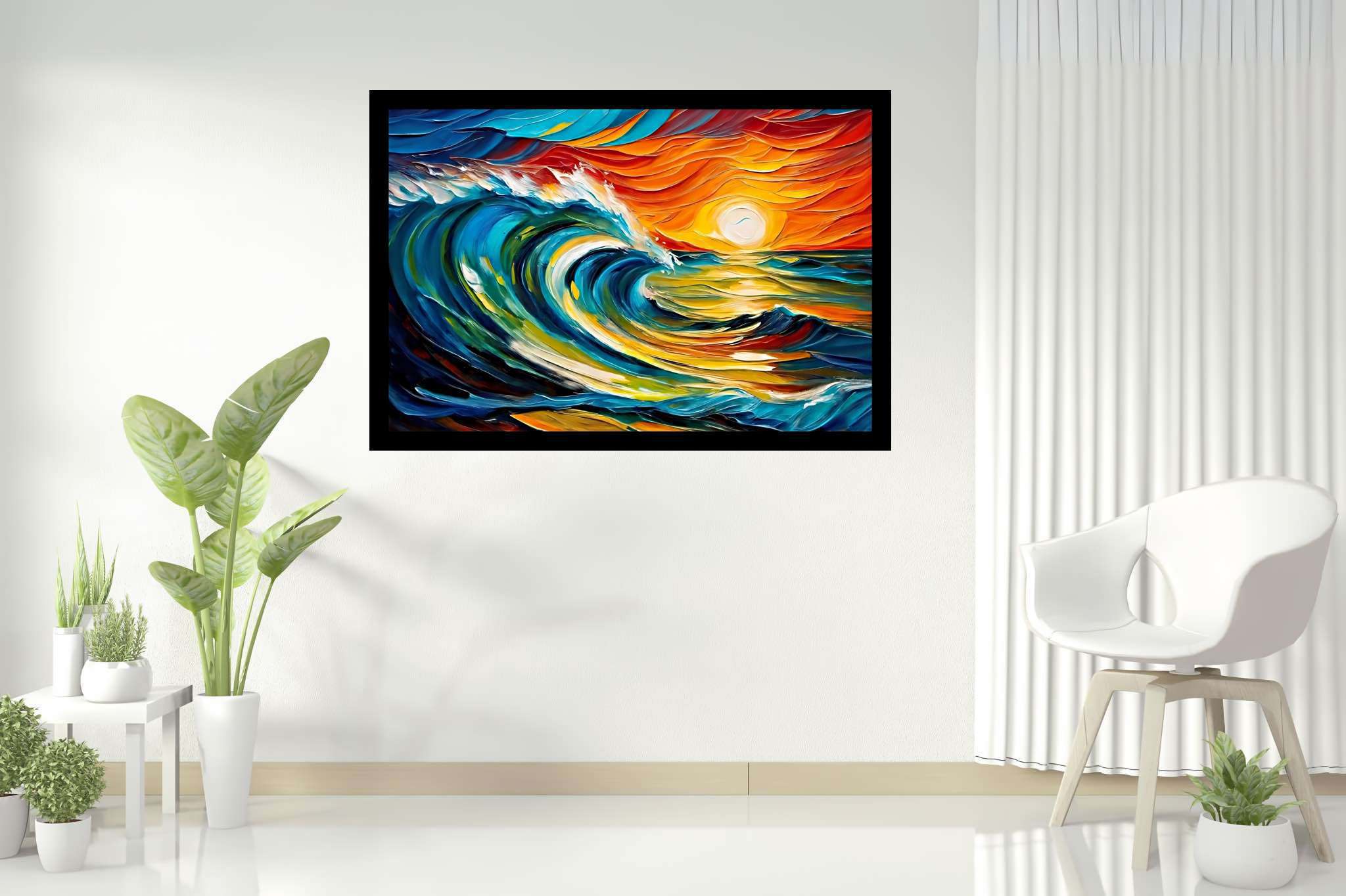 Chromatic horizons endgame: Sunset art with nature painting, in a room with innovative layout, fine art prints, and luxe decor. The art can be printed on poster, framed poster, canvas, metal, acrylic or wood, exclusively at WallArtZen. Find this exact print at https://wallartzen.com/waz217