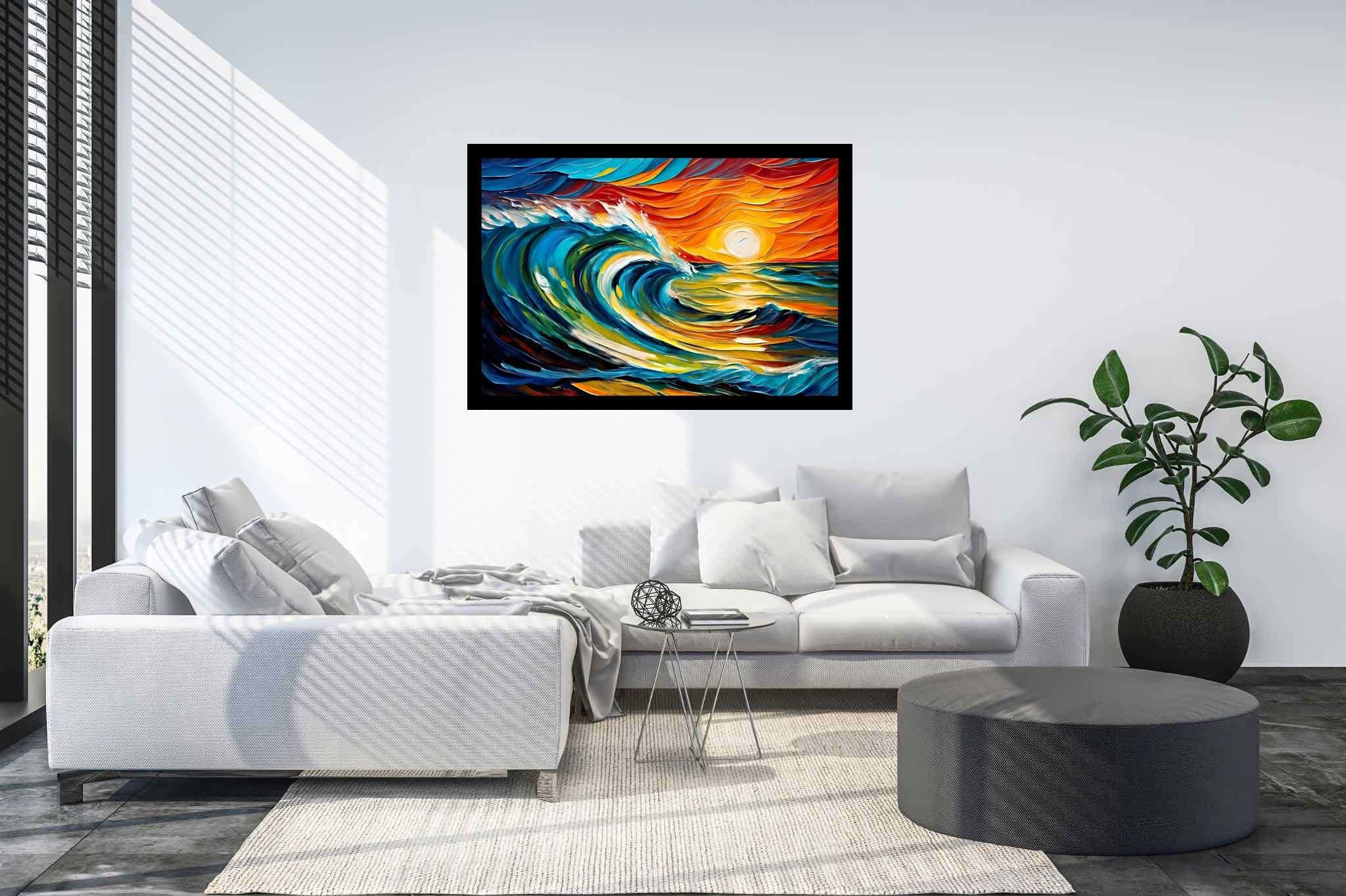 Chromatic horizons endgame: Sunset art with atmospheric beauty, in a room with chic decor, wall hangings, and stylish accessories. The art can be printed on poster, framed poster, canvas, metal, acrylic or wood, exclusively at WallArtZen. Find this exact print at https://wallartzen.com/waz217