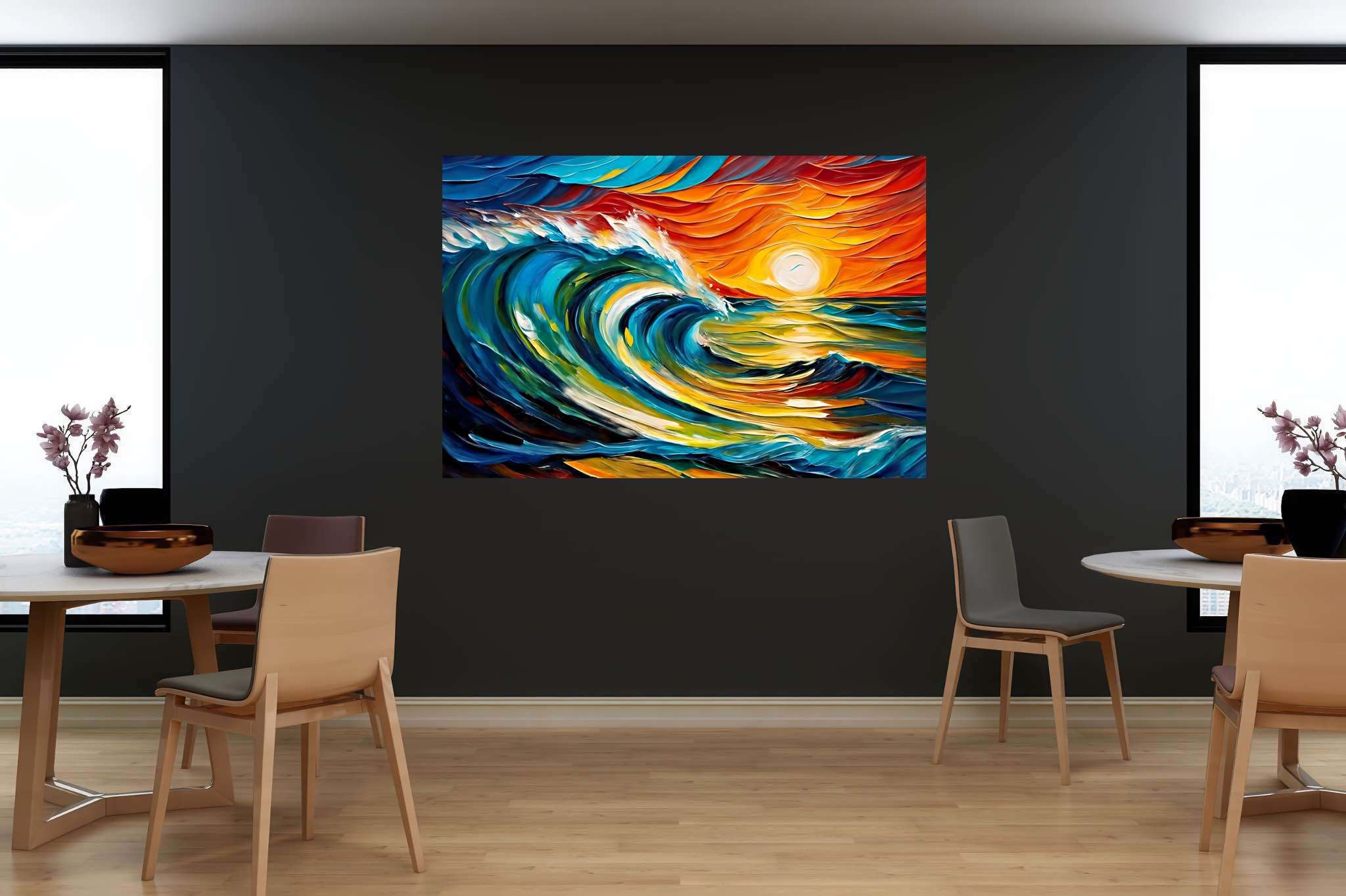 Chromatic horizons endgame: Sunset art with nature painting, in a room with artistic style, wall art, and interior decorations. The art can be printed on poster, framed poster, canvas, metal, acrylic or wood, exclusively at WallArtZen. Find this exact print at https://wallartzen.com/waz217