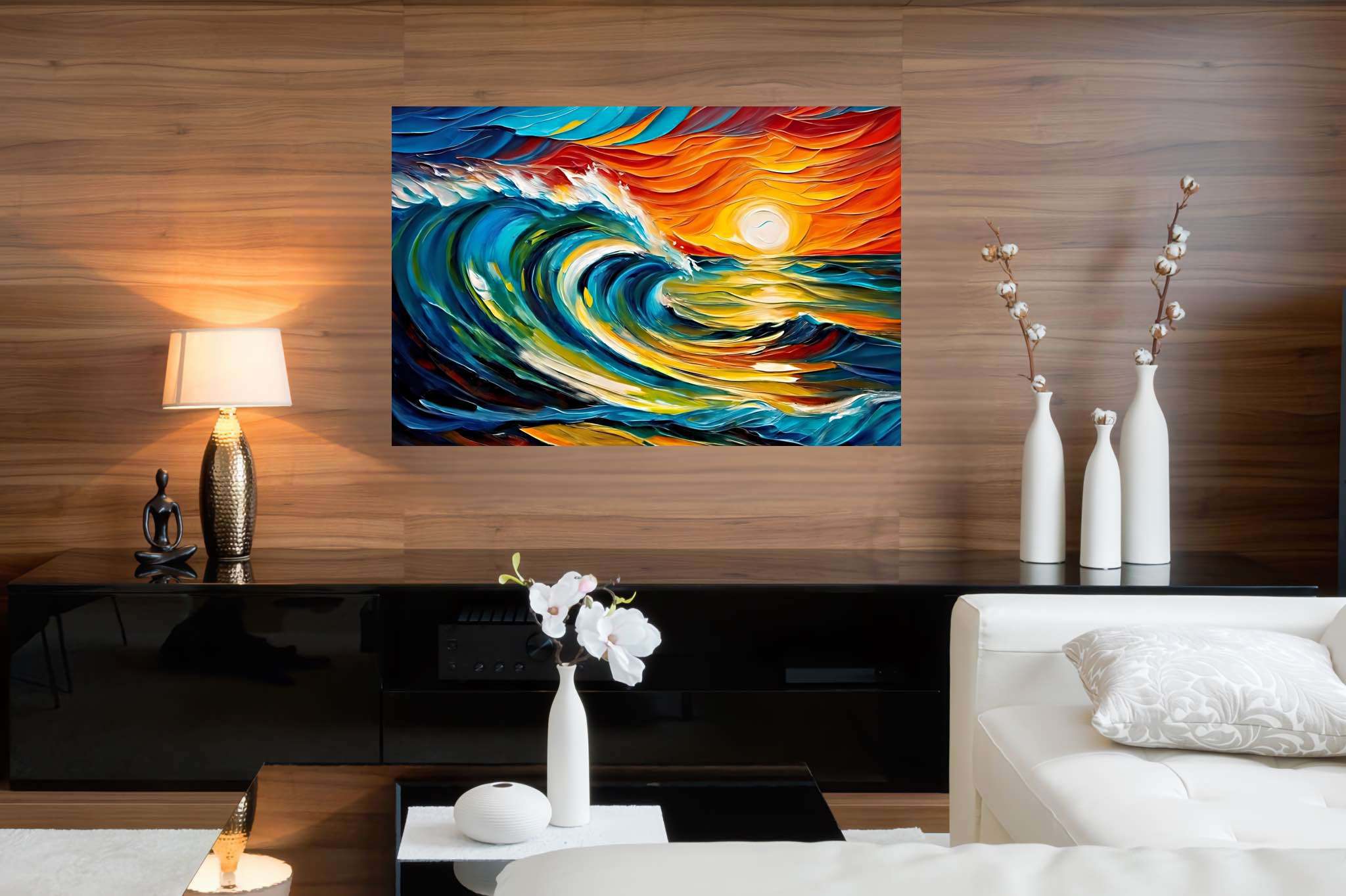 Chromatic horizons endgame: Sunset art with captivating scenery, in a room with modern style, abstract paintings, and decorative pieces. The art can be printed on poster, framed poster, canvas, metal, acrylic or wood, exclusively at WallArtZen. Find this exact print at https://wallartzen.com/waz217