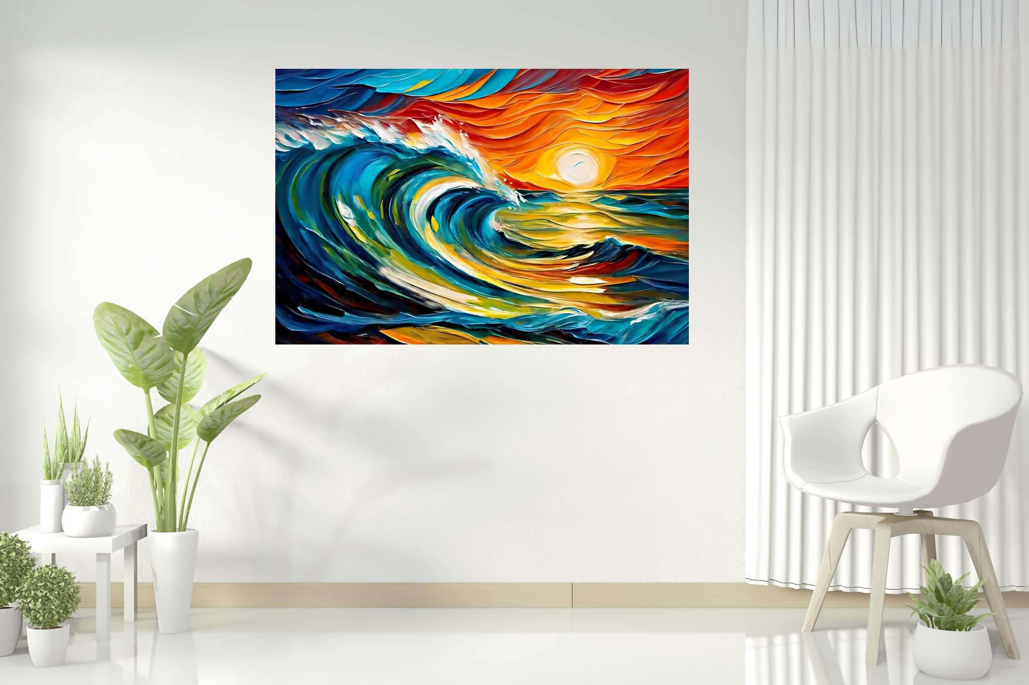 Chromatic horizons endgame: Sunset art with captivating scenery, in a room with contemporary flair, wall art, and interior decorations. The art can be printed on poster, framed poster, canvas, metal, acrylic or wood, exclusively at WallArtZen. Find this exact print at https://wallartzen.com/waz217