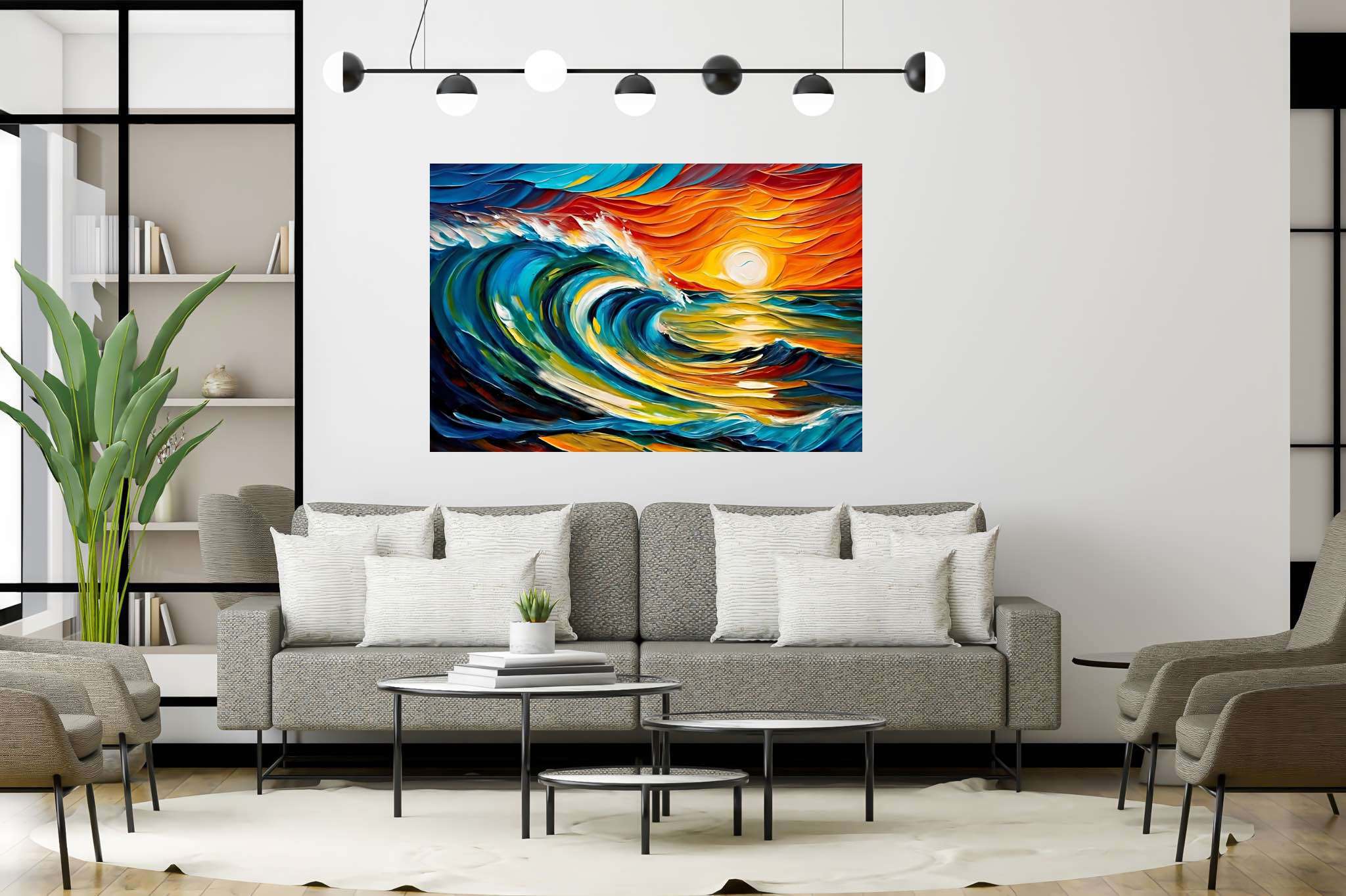 Chromatic horizons endgame: Sunset art with vibrant horizons, in a room with innovative layout, bespoke art designs, and interior decorations. The art can be printed on poster, framed poster, canvas, metal, acrylic or wood, exclusively at WallArtZen. Find this exact print at https://wallartzen.com/waz217