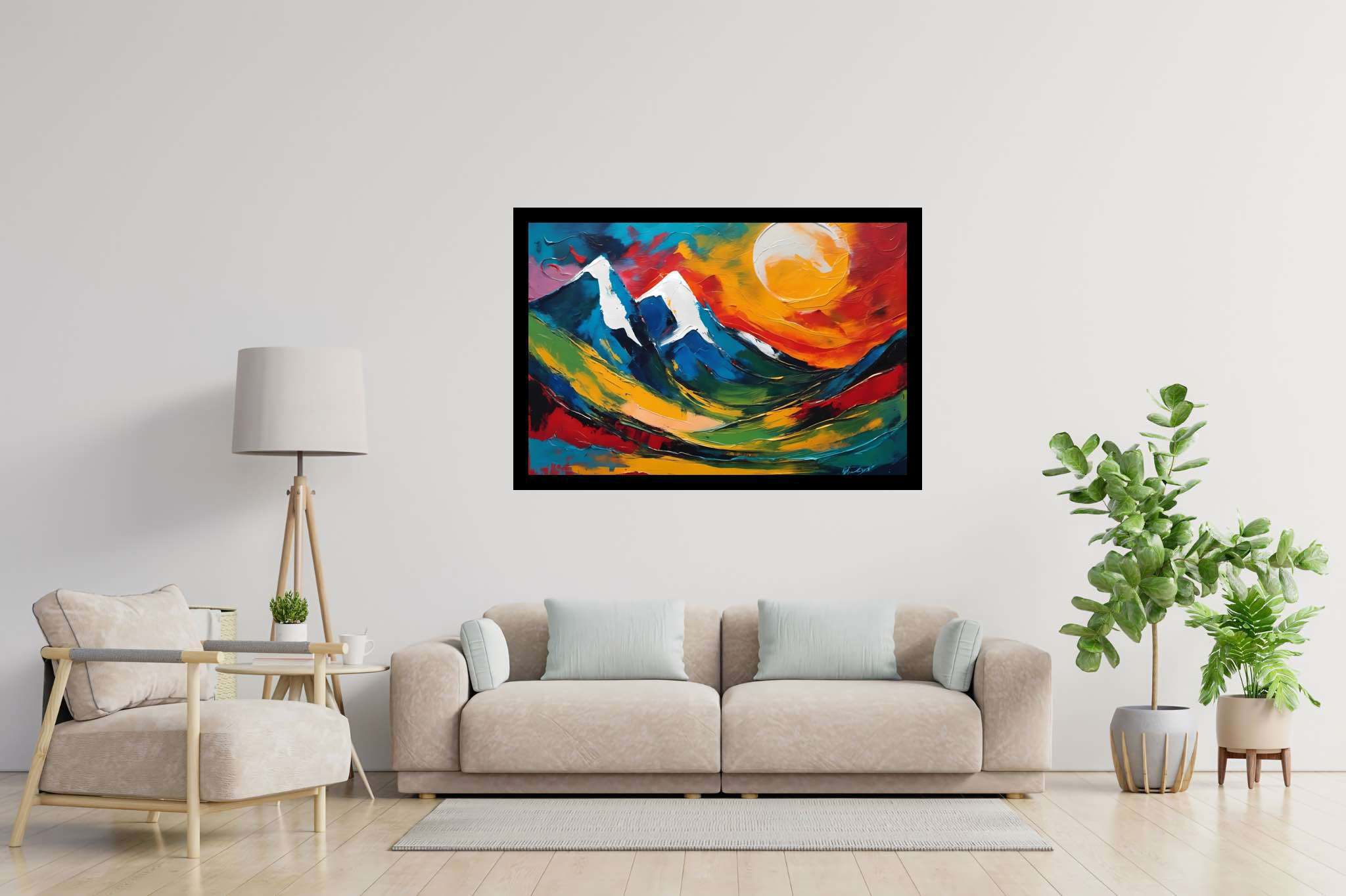 Sunrise sonata in sienna: Mountain landscape art with serenity, in a room with urban design, wall art, and decorative pieces. The art can be printed on poster, framed poster, canvas, metal, acrylic or wood, exclusively at WallArtZen. Find this exact print at https://wallartzen.com/waz219