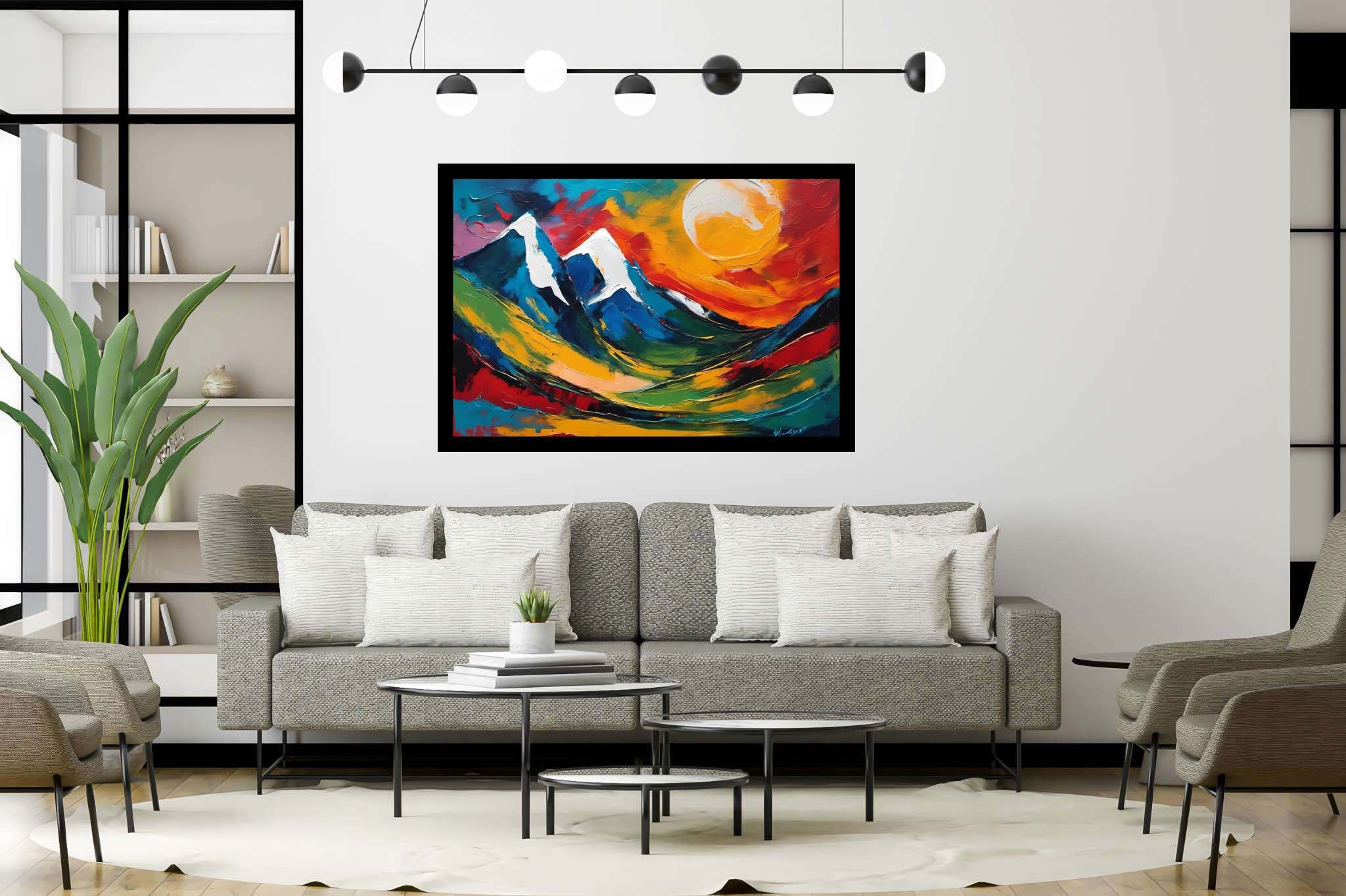 Sunrise sonata in sienna: Mountain landscape art with scenery, in a room with classic elegance, canvas prints, and stylish accessories. The art can be printed on poster, framed poster, canvas, metal, acrylic or wood, exclusively at WallArtZen. Find this exact print at https://wallartzen.com/waz219
