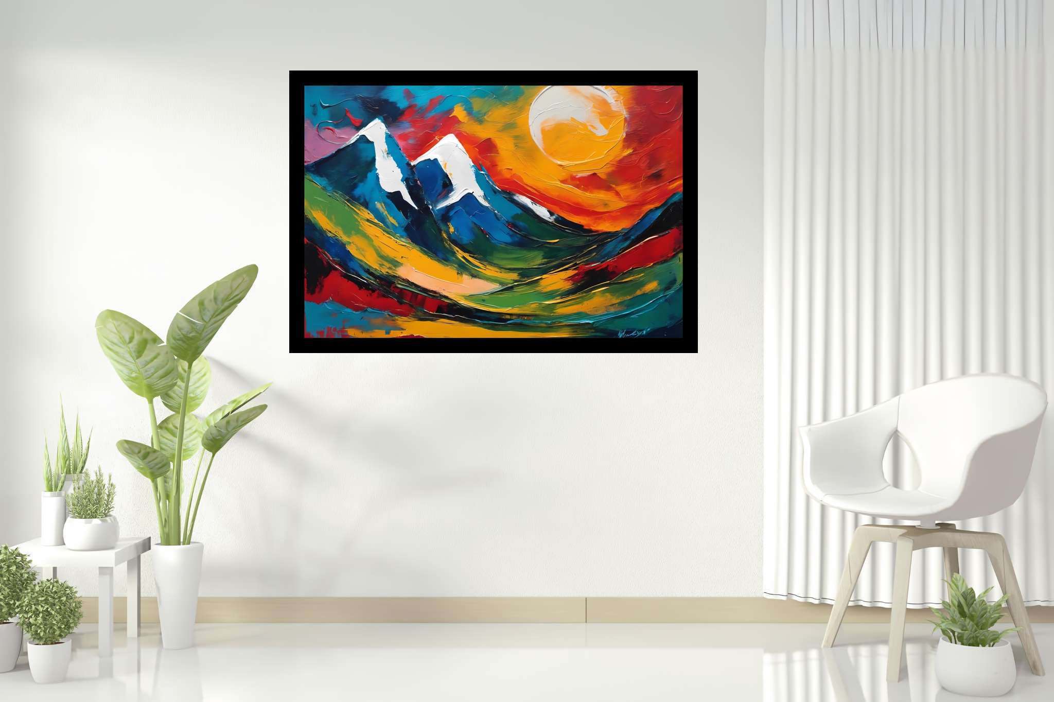 Sunrise sonata in sienna: Mountain landscape art with paintings, in a room with elegant layout, mural artworks, and trendy home accents. The art can be printed on poster, framed poster, canvas, metal, acrylic or wood, exclusively at WallArtZen. Find this exact print at https://wallartzen.com/waz219