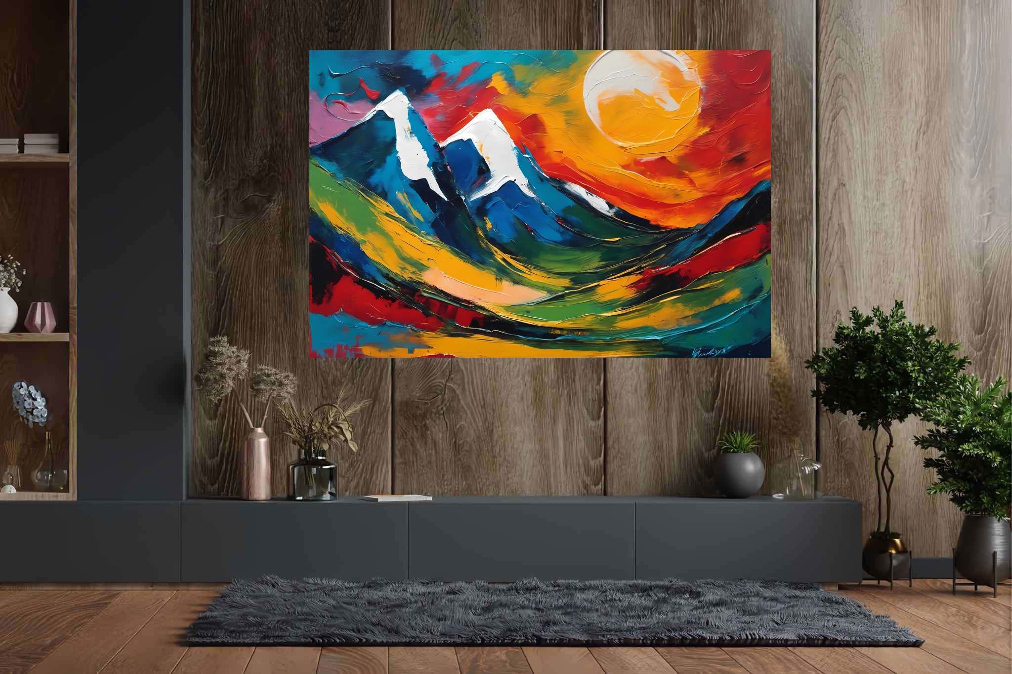 Sunrise sonata in sienna: Mountain landscape art with paintings, in a room with urban design, framed art, and home styling items. The art can be printed on poster, framed poster, canvas, metal, acrylic or wood, exclusively at WallArtZen. Find this exact print at https://wallartzen.com/waz219