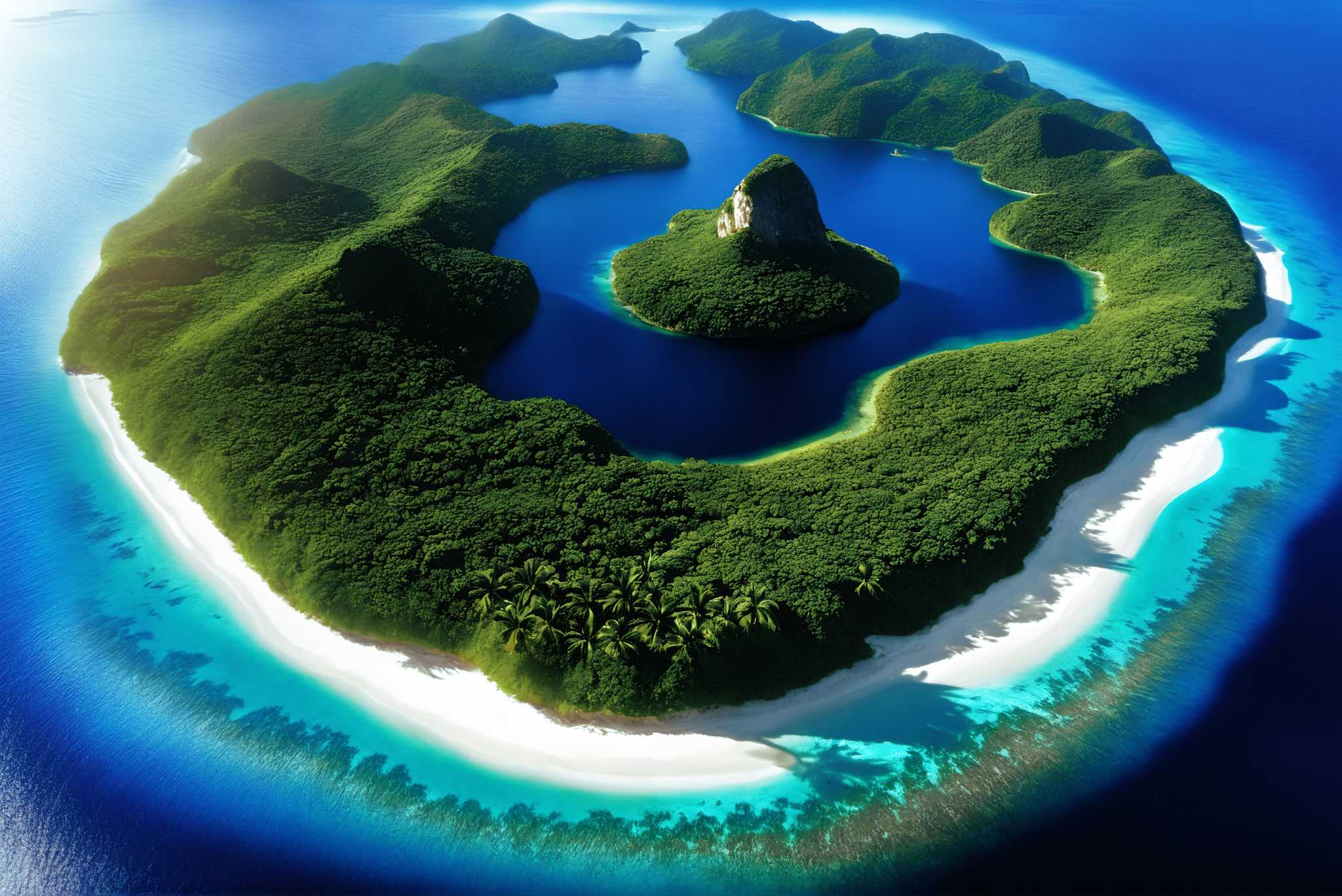 Lagoon lullaby: Serene island art with soothing art, in a room with modern style, abstract paintings, and home furnishings. The art can be printed on poster, framed poster, canvas, metal, acrylic or wood, exclusively at WallArtZen. Find this exact print at https://wallartzen.com/waz21