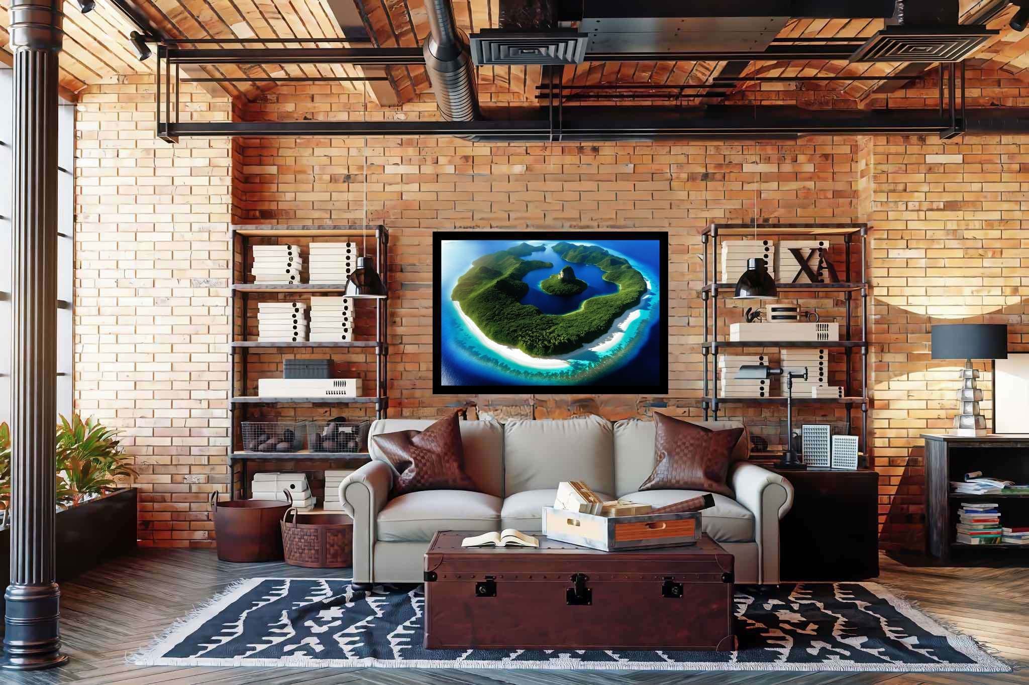 Lagoon lullaby: Serene island art with serene paintings, in a room with great design, mural artworks, and artisan decor. The art can be printed on poster, framed poster, canvas, metal, acrylic or wood, exclusively at WallArtZen. Find this exact print at https://wallartzen.com/waz21