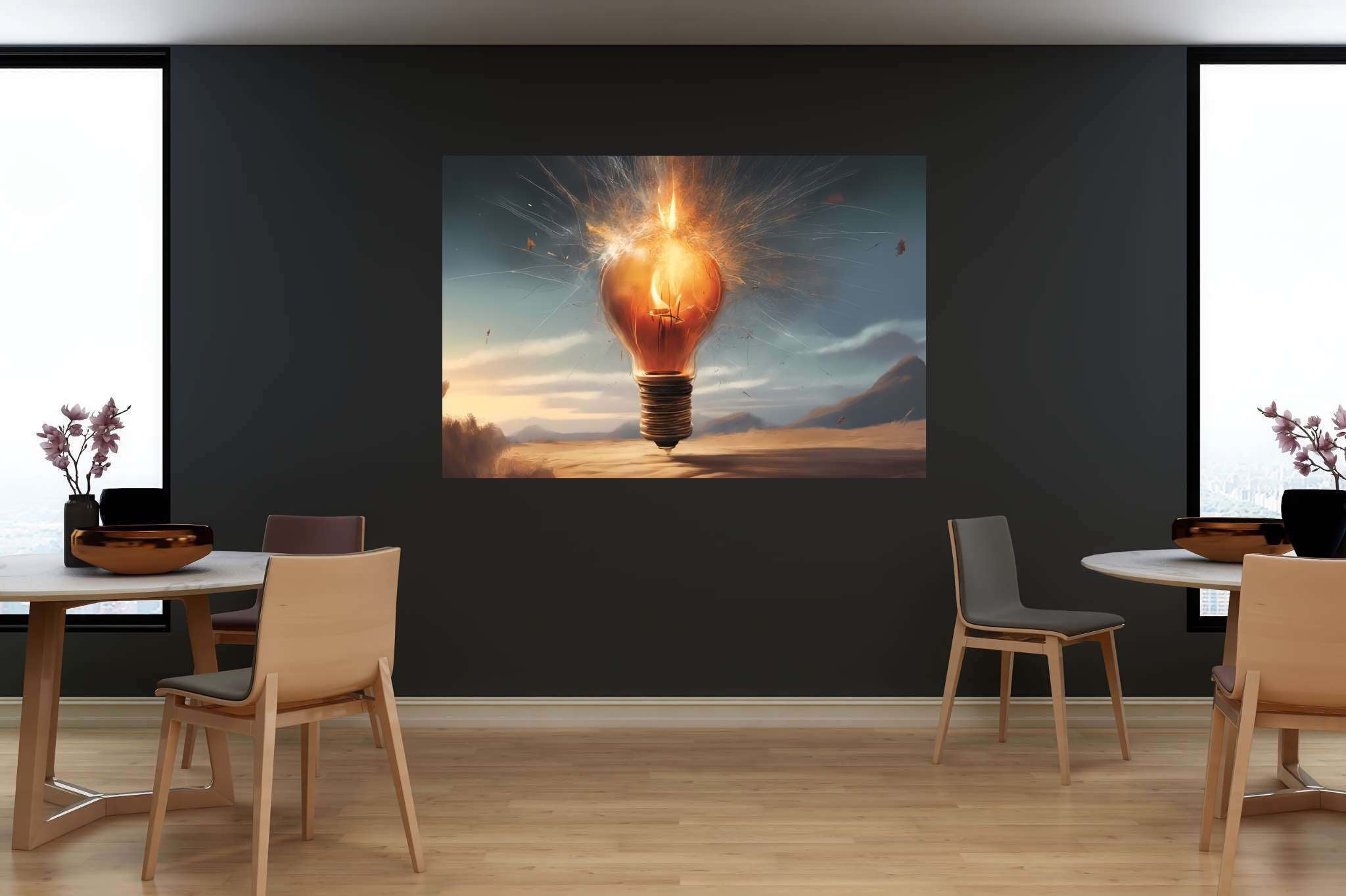 Chiaroscuro dreamscape: Explosion art with explosive graphic art, in a room with artistic style, fine art prints, and elegant home goods. The art can be printed on poster, framed poster, canvas, metal, acrylic or wood, exclusively at WallArtZen. Find this exact print at https://wallartzen.com/waz220