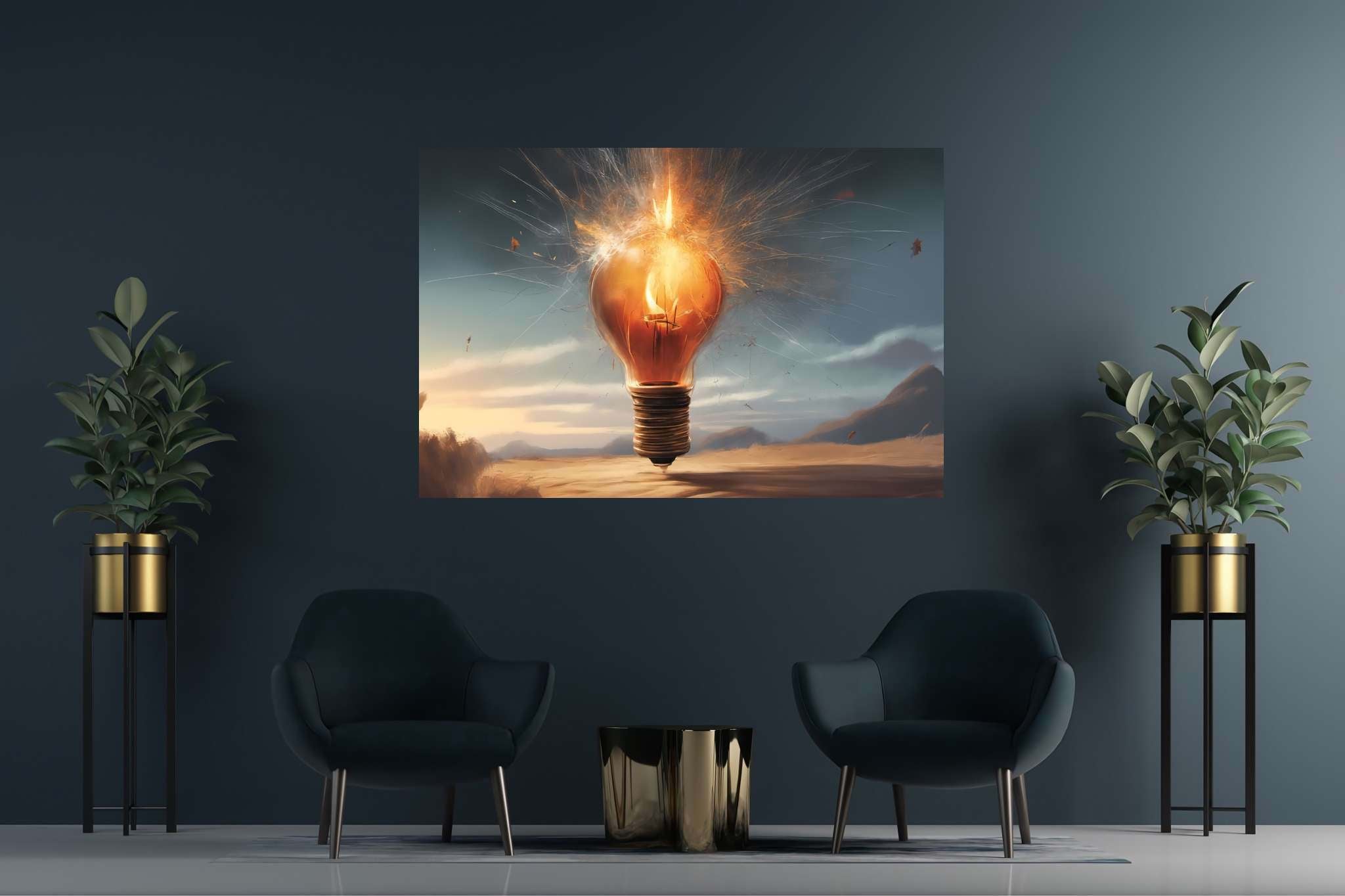 Chiaroscuro dreamscape: Explosion art with abstract explosions, in a room with great design, fine art prints, and decorative pieces. The art can be printed on poster, framed poster, canvas, metal, acrylic or wood, exclusively at WallArtZen. Find this exact print at https://wallartzen.com/waz220