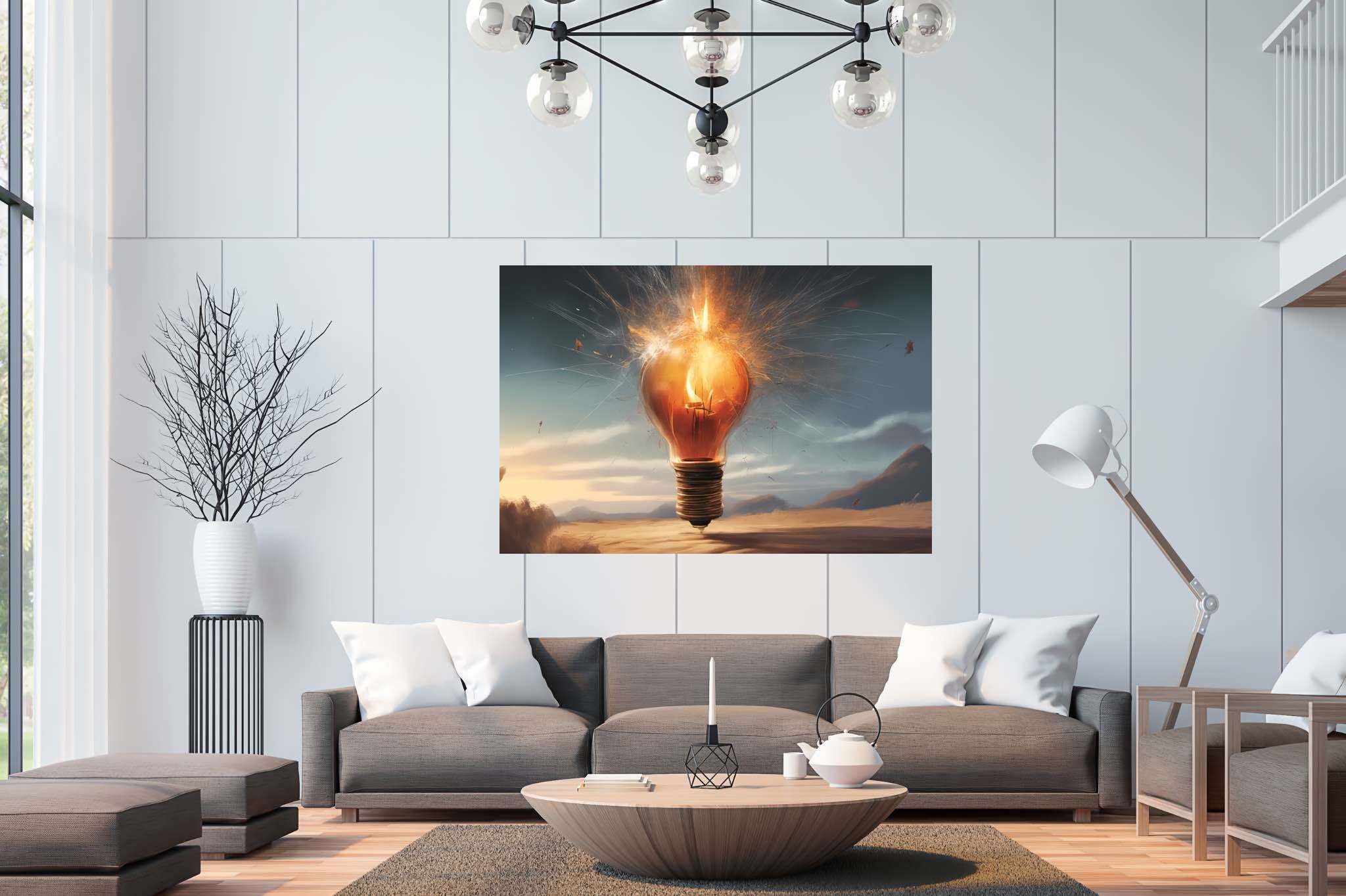 Chiaroscuro dreamscape: Explosion art with vibrant explosion, in a room with elegant layout, fine art prints, and luxe decor. The art can be printed on poster, framed poster, canvas, metal, acrylic or wood, exclusively at WallArtZen. Find this exact print at https://wallartzen.com/waz220