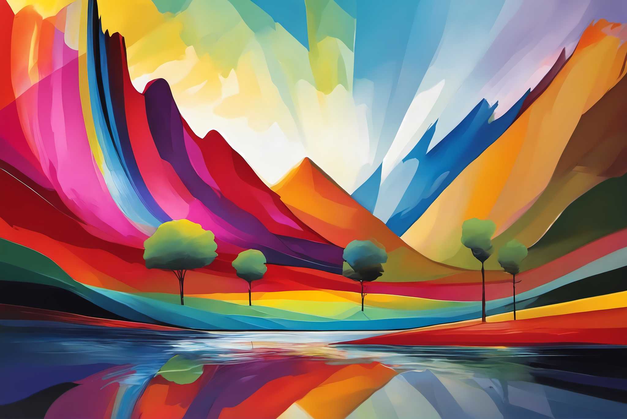 Chromatic summits serenade: Vibrant landscape art with lively panoramic views, in a room with artistic style, wall art, and home styling items. The art can be printed on poster, framed poster, canvas, metal, acrylic or wood, exclusively at WallArtZen. Find this exact print at https://wallartzen.com/waz221