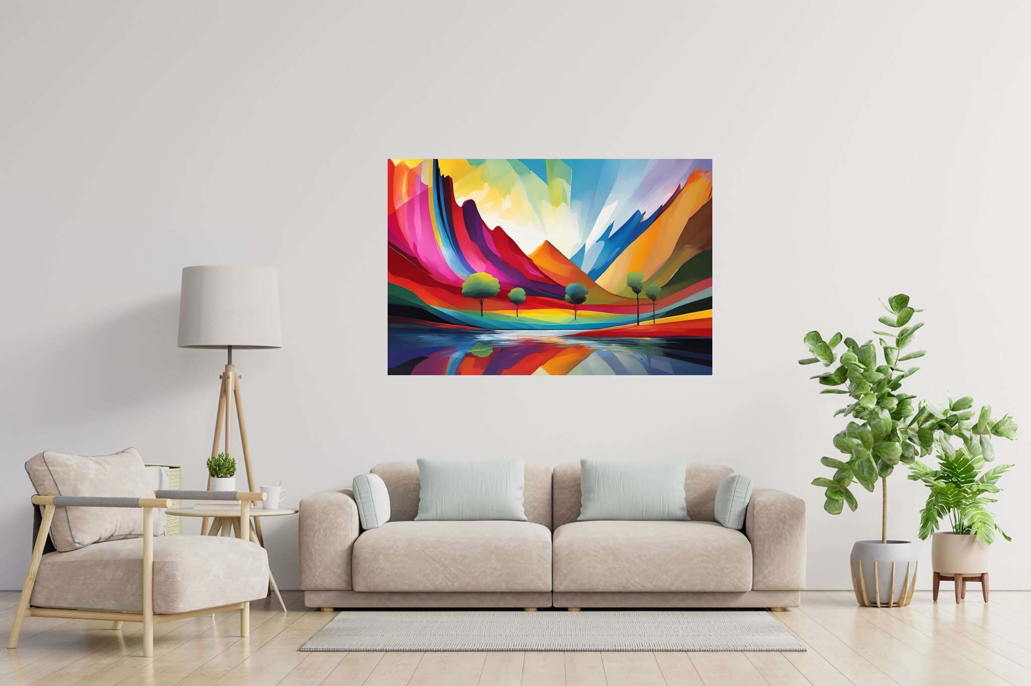 Chromatic summits serenade: Vibrant landscape art with vibrant artistic landscapes, in a room with classic elegance, digital art pieces, and artisan decor. The art can be printed on poster, framed poster, canvas, metal, acrylic or wood, exclusively at WallArtZen. Find this exact print at https://wallartzen.com/waz221