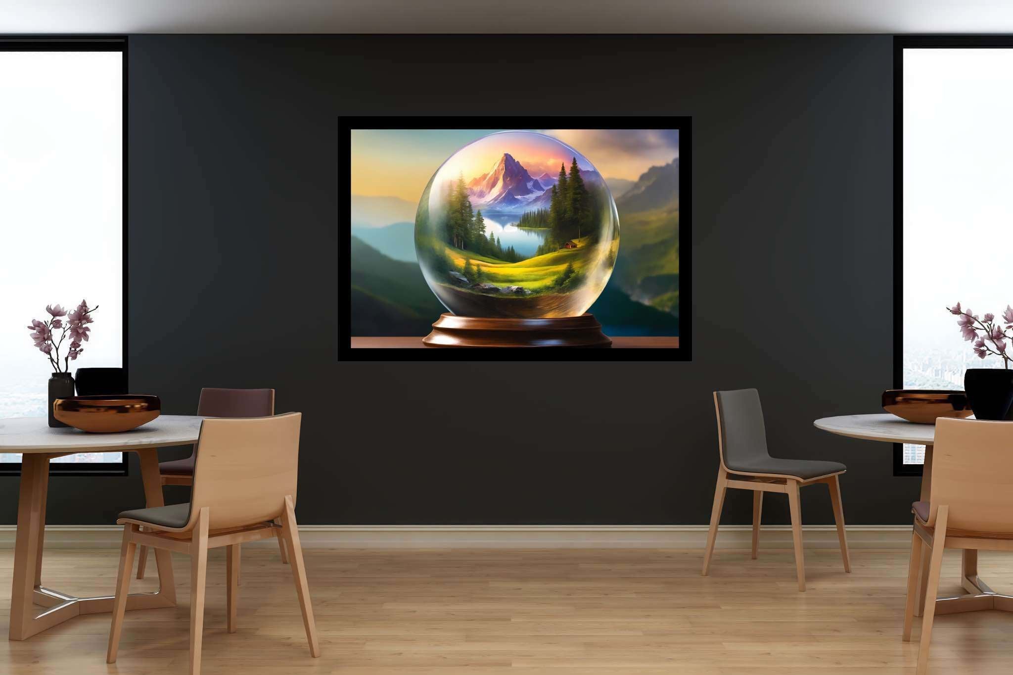 Serene peaks in glass mosaic: Globe art with globe-trotting masterpieces, in a room with chic decor, bespoke art designs, and interior decorations. The art can be printed on poster, framed poster, canvas, metal, acrylic or wood, exclusively at WallArtZen. Find this exact print at https://wallartzen.com/waz222