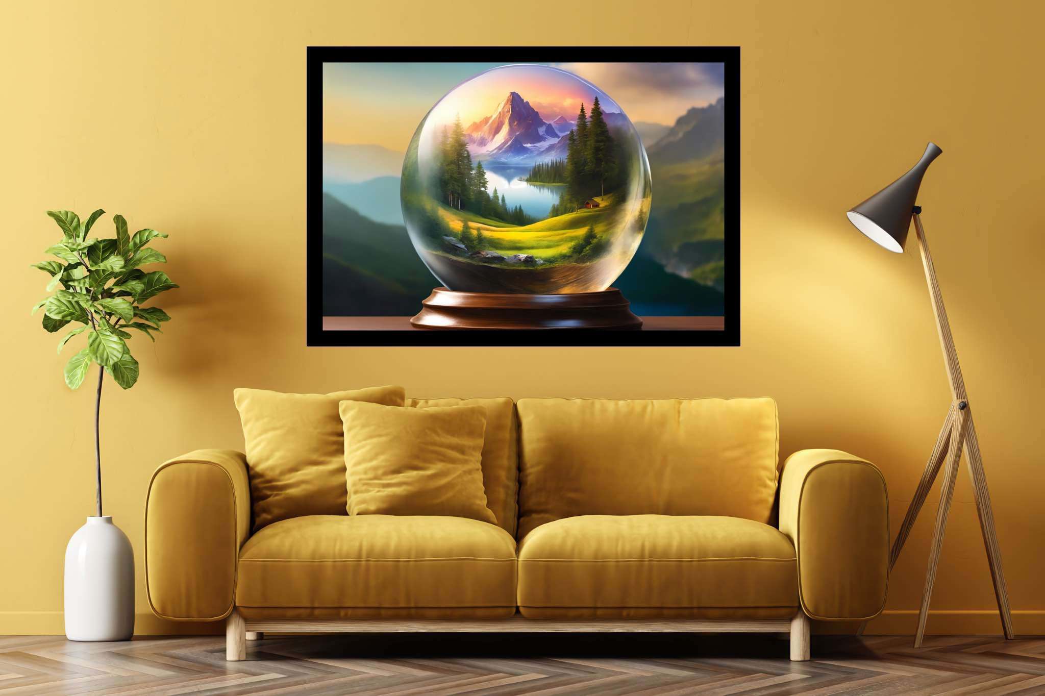 Serene peaks in glass mosaic: Globe art with earth-inspired crafts, in a room with artistic style, canvas prints, and interior decorations. The art can be printed on poster, framed poster, canvas, metal, acrylic or wood, exclusively at WallArtZen. Find this exact print at https://wallartzen.com/waz222