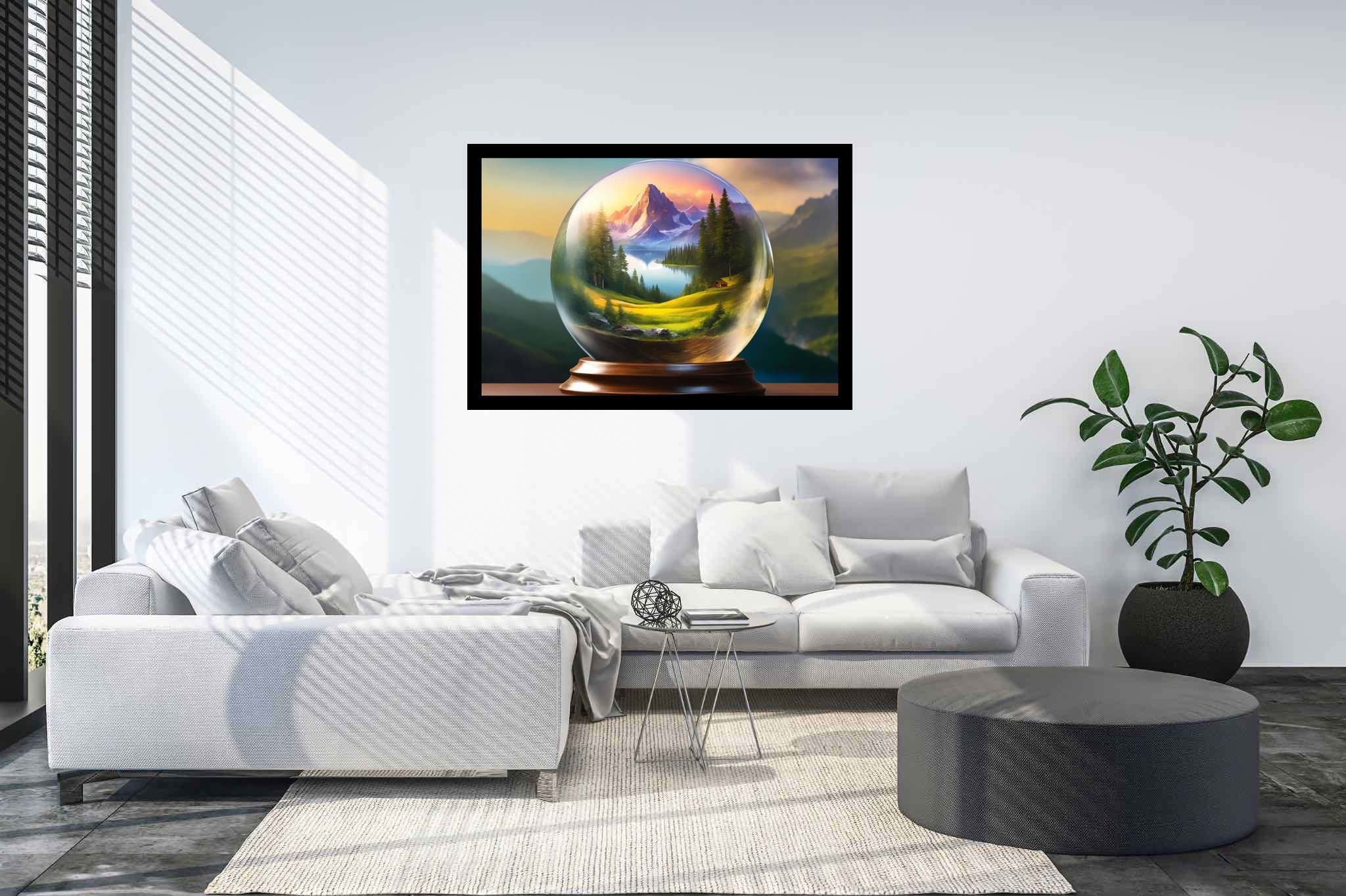 Serene peaks in glass mosaic: Globe art with earth-inspired crafts, in a room with minimalist approach, fine art prints, and trendy home accents. The art can be printed on poster, framed poster, canvas, metal, acrylic or wood, exclusively at WallArtZen. Find this exact print at https://wallartzen.com/waz222