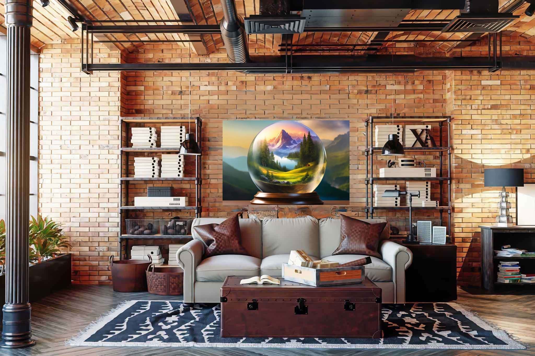 Serene peaks in glass mosaic: Globe art with international paintings, in a room with artistic style, bespoke art designs, and decorative pieces. The art can be printed on poster, framed poster, canvas, metal, acrylic or wood, exclusively at WallArtZen. Find this exact print at https://wallartzen.com/waz222