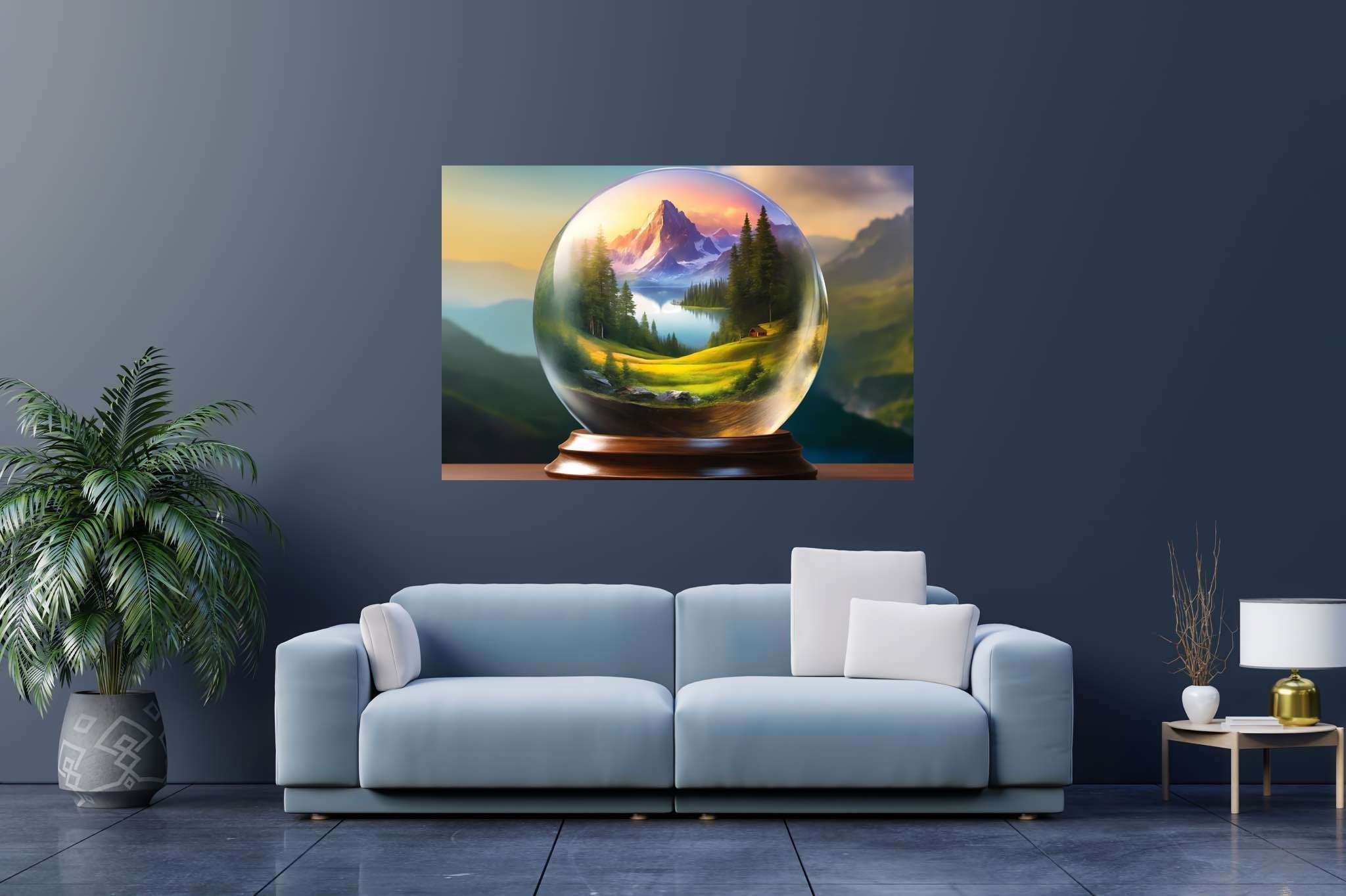 Serene peaks in glass mosaic: Globe art with global artwork, in a room with great design, canvas prints, and stylish accessories. The art can be printed on poster, framed poster, canvas, metal, acrylic or wood, exclusively at WallArtZen. Find this exact print at https://wallartzen.com/waz222