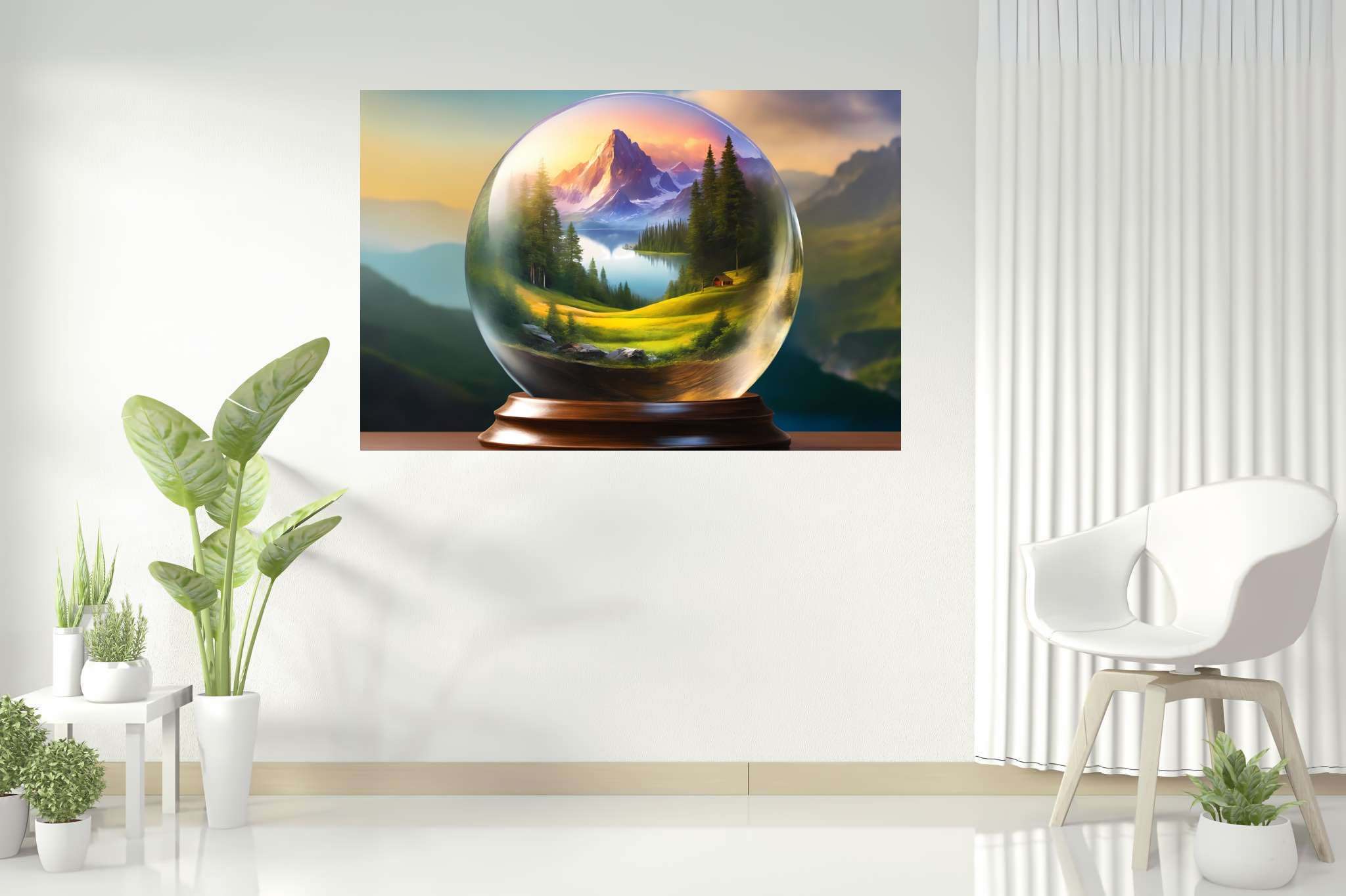 Serene peaks in glass mosaic: Globe art with globe-inspired creations, in a room with minimalist approach, canvas prints, and home furnishings. The art can be printed on poster, framed poster, canvas, metal, acrylic or wood, exclusively at WallArtZen. Find this exact print at https://wallartzen.com/waz222