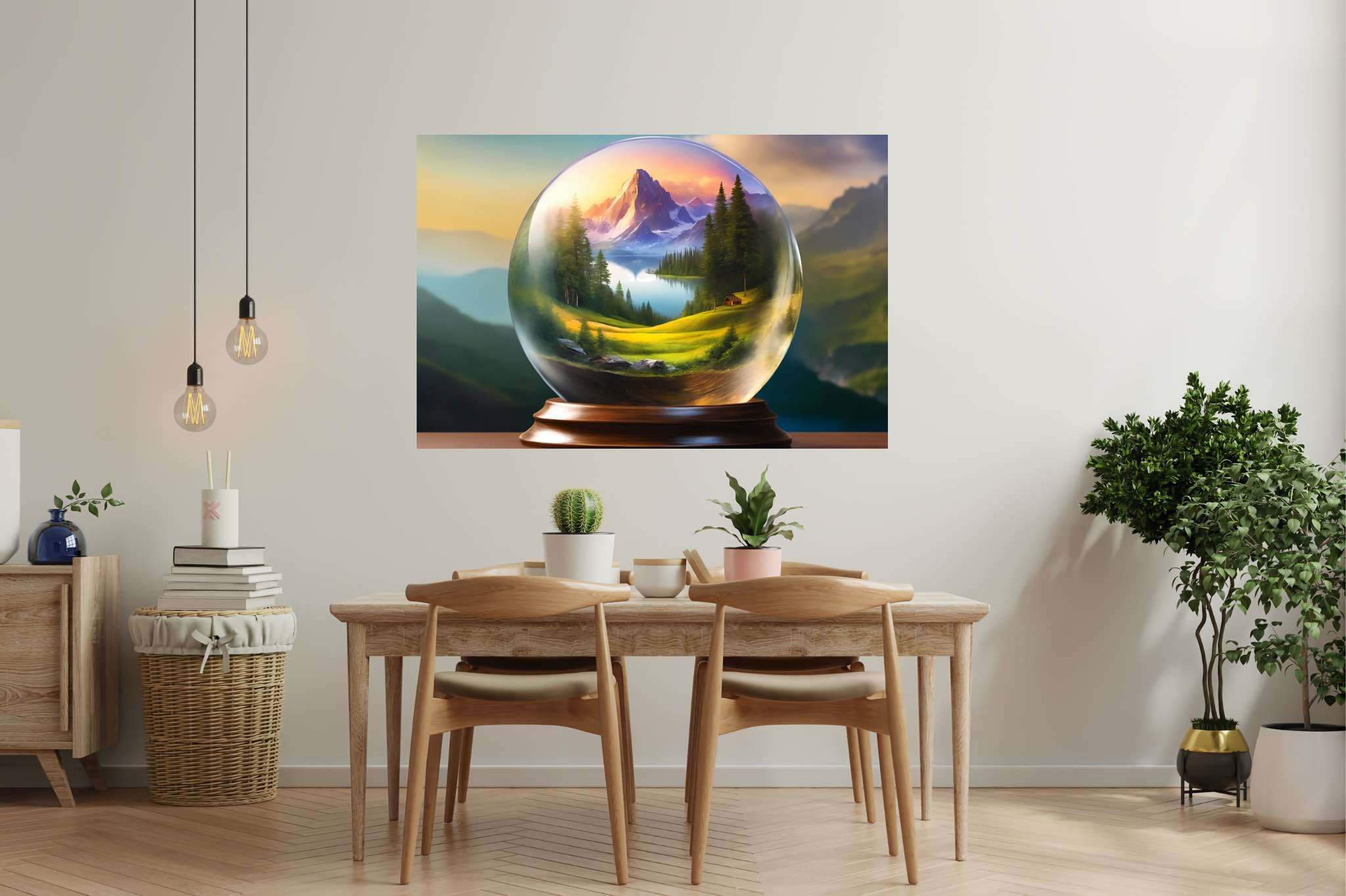 Serene peaks in glass mosaic: Globe art with geographical illustrations, in a room with innovative layout, abstract paintings, and decorative pieces. The art can be printed on poster, framed poster, canvas, metal, acrylic or wood, exclusively at WallArtZen. Find this exact print at https://wallartzen.com/waz222