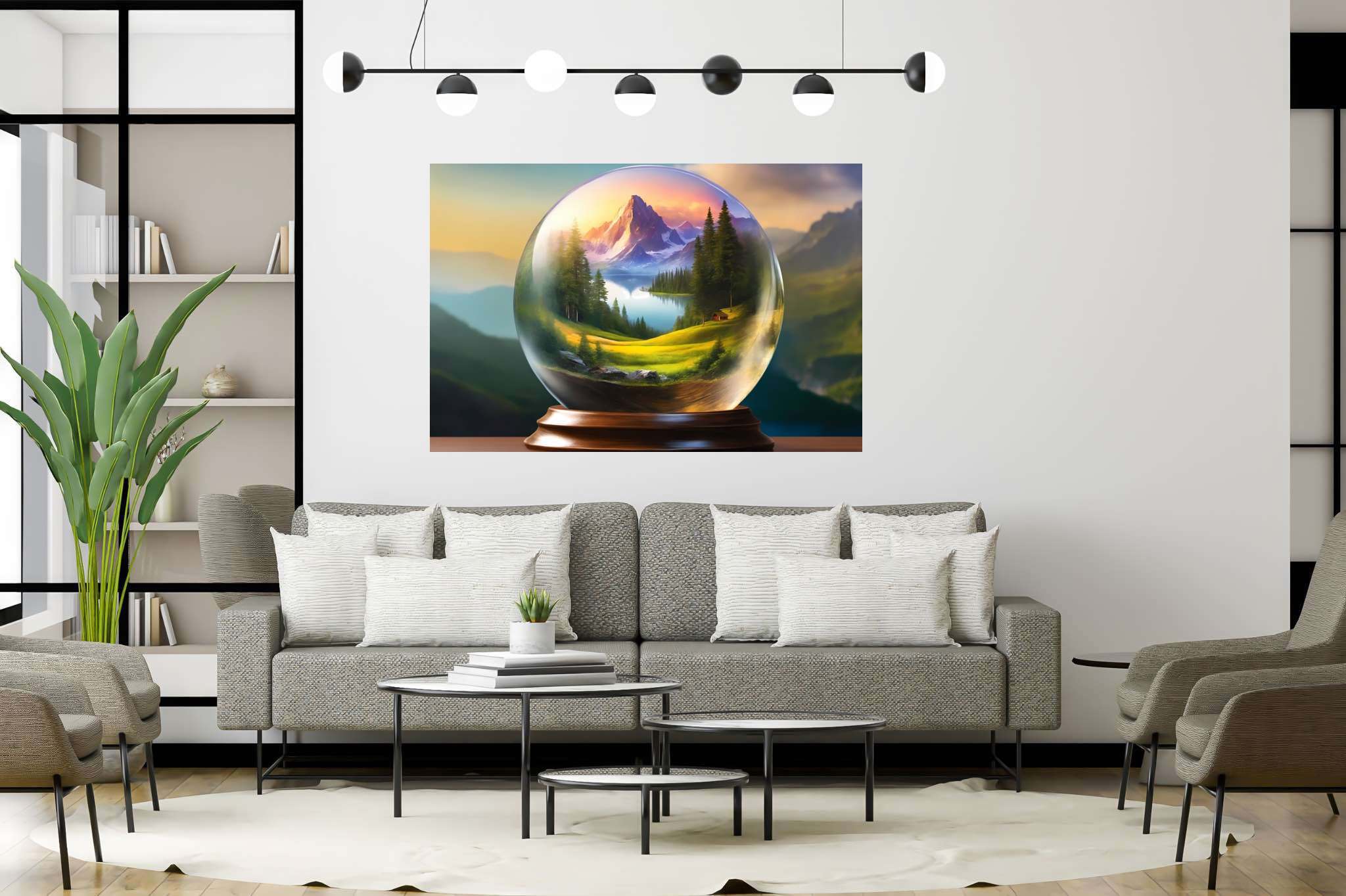 Serene peaks in glass mosaic: Globe art with celestial sculptures, in a room with urban design, bespoke art designs, and elegant home goods. The art can be printed on poster, framed poster, canvas, metal, acrylic or wood, exclusively at WallArtZen. Find this exact print at https://wallartzen.com/waz222