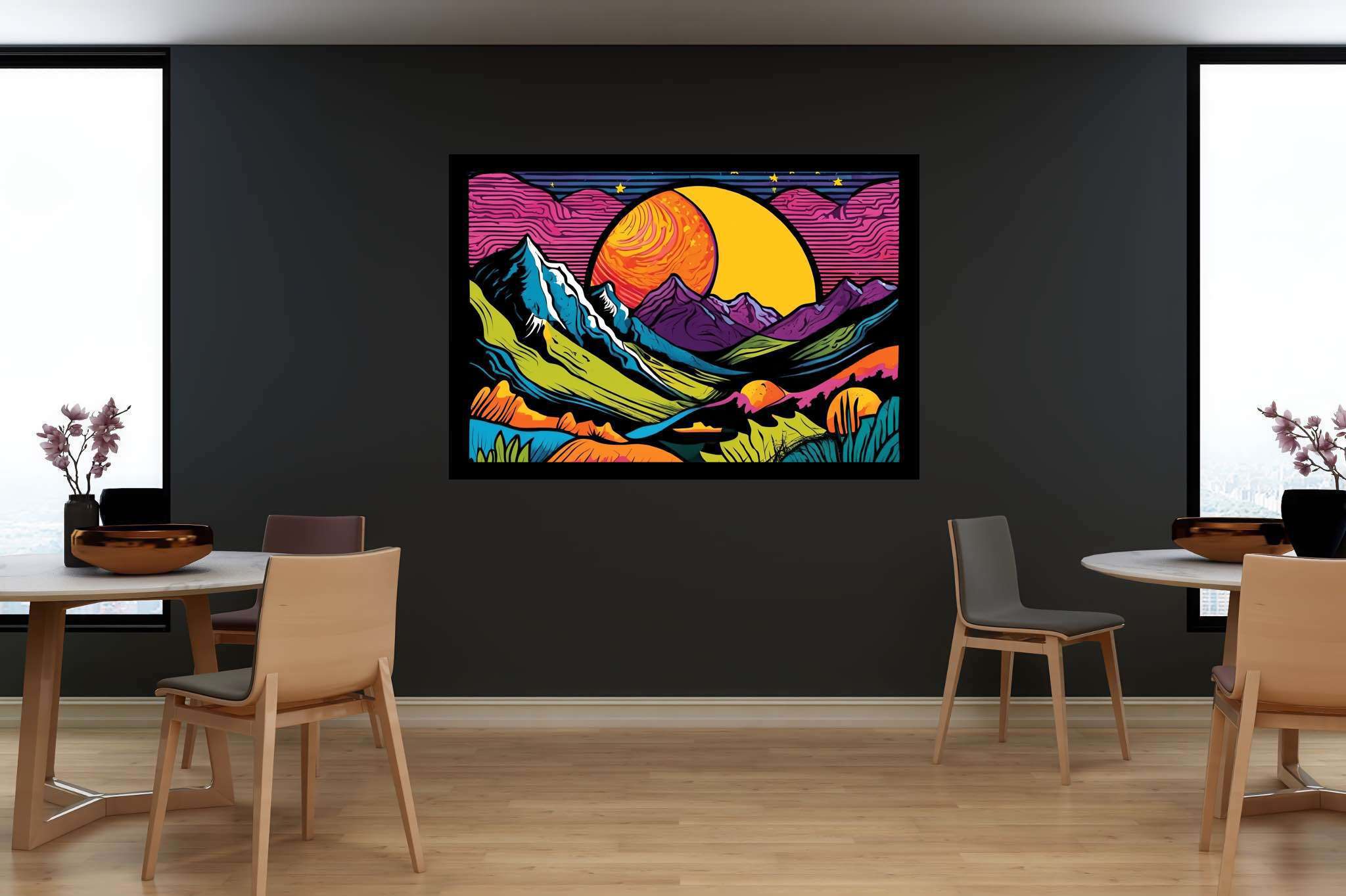 Twilight serenade by peaks: Vibrant landscape art with lively outdoor landscapes, in a room with innovative layout, framed art, and artisan decor. The art can be printed on poster, framed poster, canvas, metal, acrylic or wood, exclusively at WallArtZen. Find this exact print at https://wallartzen.com/waz223