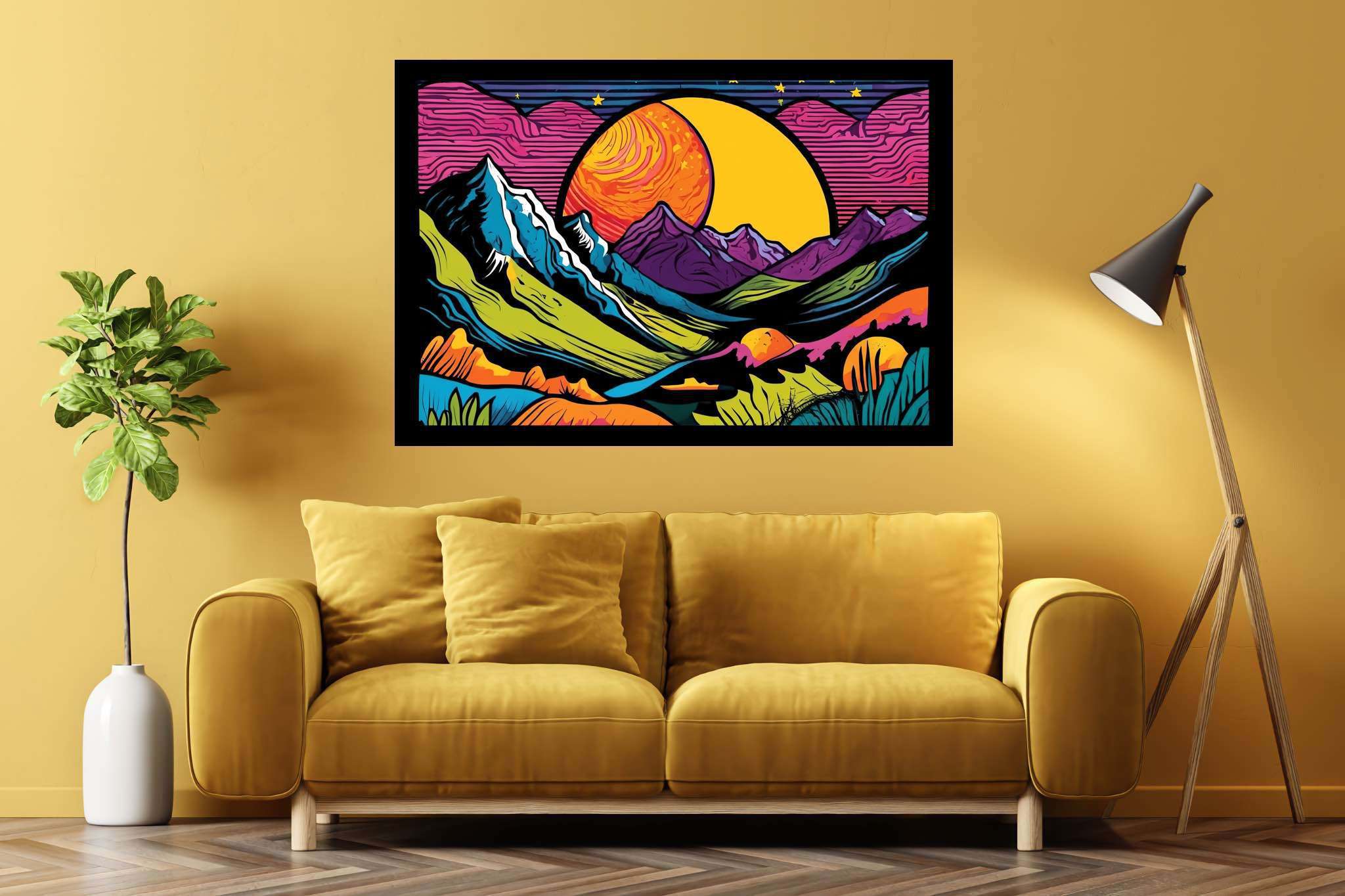 Twilight serenade by peaks: Vibrant landscape art with lively outdoor landscapes, in a room with artistic style, abstract paintings, and designer furniture. The art can be printed on poster, framed poster, canvas, metal, acrylic or wood, exclusively at WallArtZen. Find this exact print at https://wallartzen.com/waz223