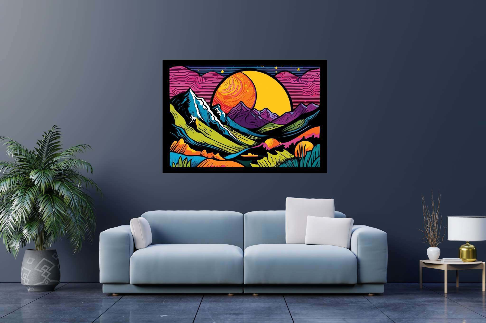 Twilight serenade by peaks: Vibrant landscape art with lively nature impressions, in a room with modern style, bespoke art designs, and home styling items. The art can be printed on poster, framed poster, canvas, metal, acrylic or wood, exclusively at WallArtZen. Find this exact print at https://wallartzen.com/waz223