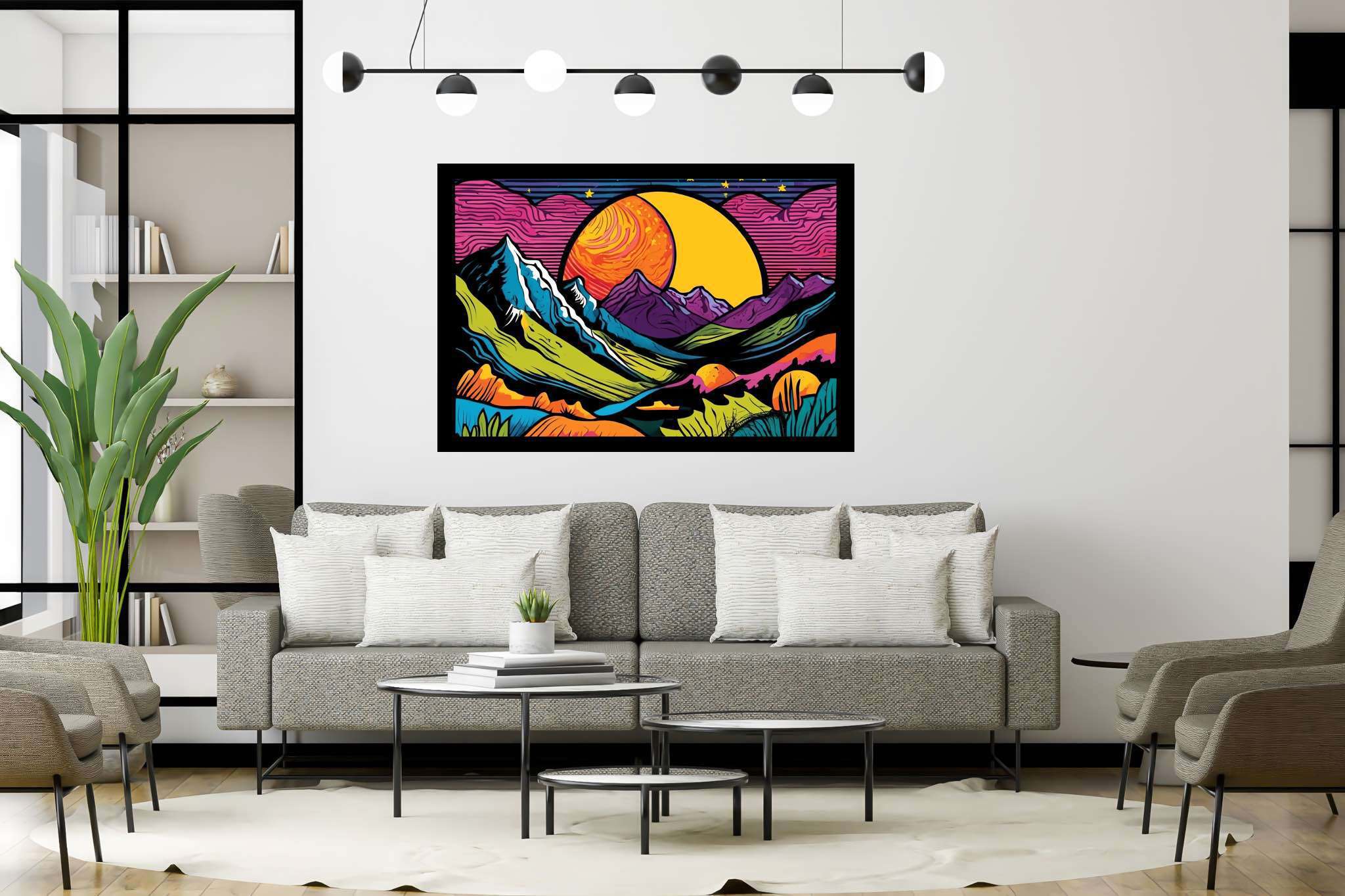 Twilight serenade by peaks: Vibrant landscape art with energetic landscape artwork, in a room with urban design, fine art prints, and designer furniture. The art can be printed on poster, framed poster, canvas, metal, acrylic or wood, exclusively at WallArtZen. Find this exact print at https://wallartzen.com/waz223