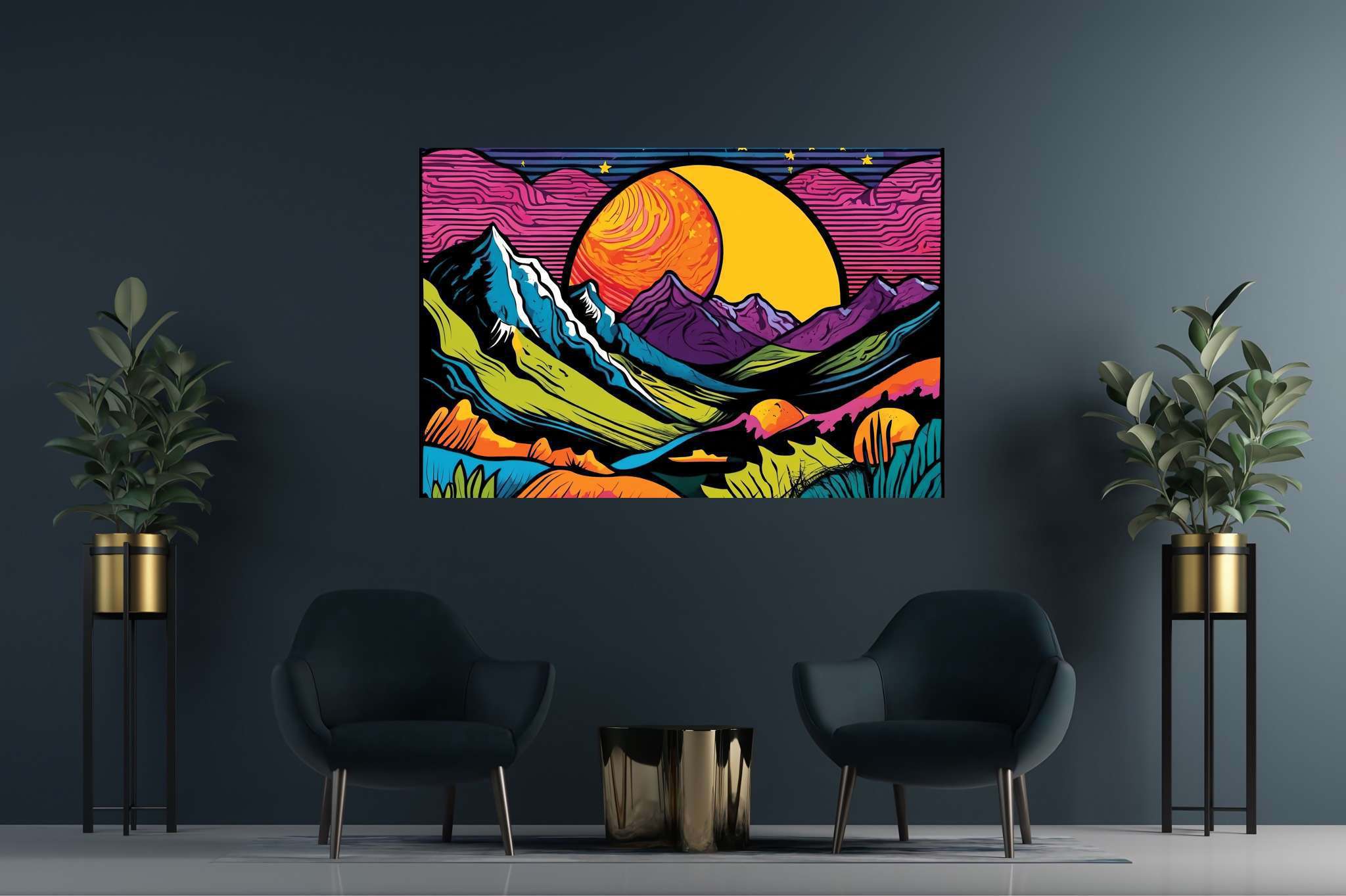 Twilight serenade by peaks: Vibrant landscape art with lively outdoor landscapes, in a room with innovative layout, framed art, and artisan decor. The art can be printed on poster, framed poster, canvas, metal, acrylic or wood, exclusively at WallArtZen. Find this exact print at https://wallartzen.com/waz223