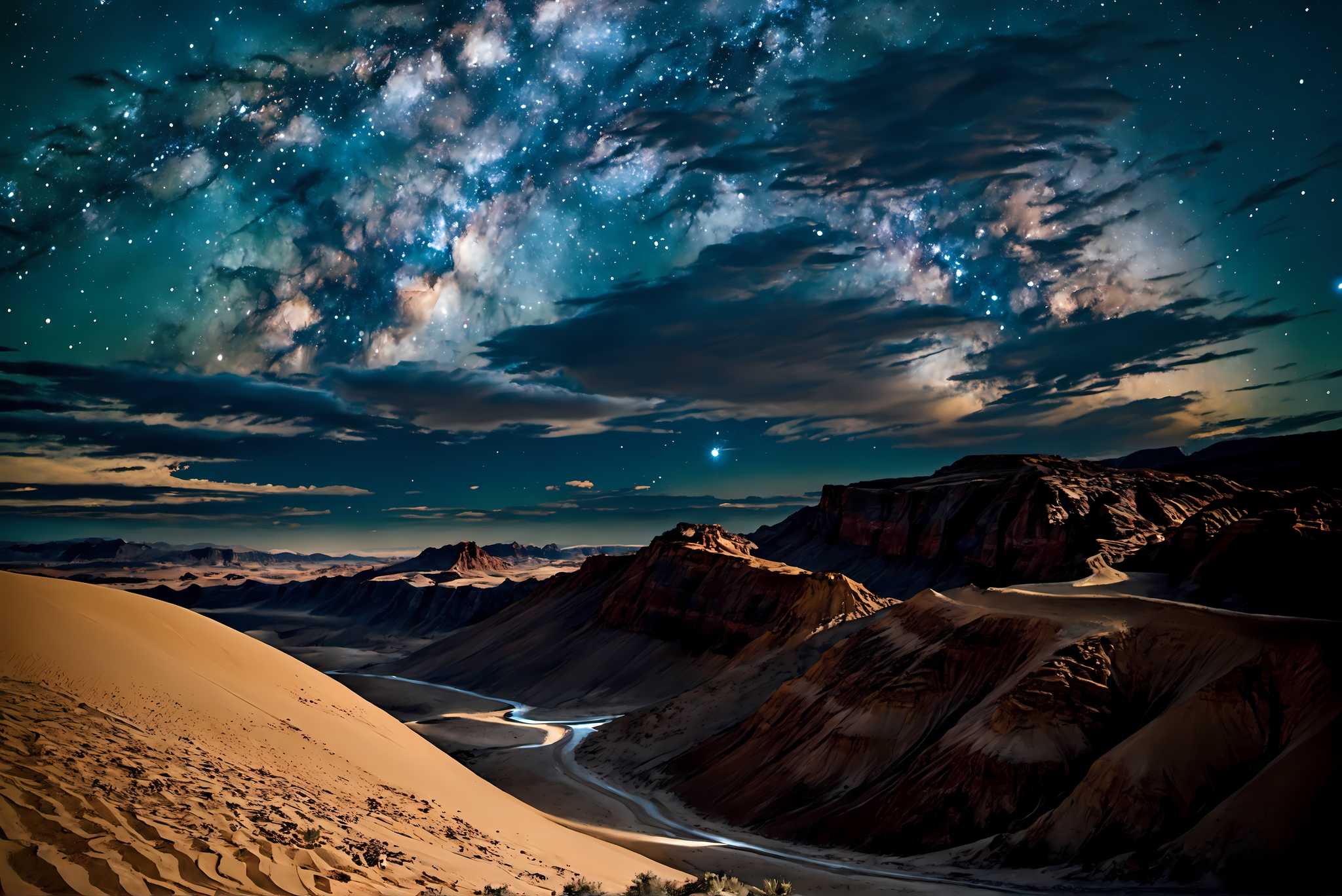 Stardust canopy dreams: Night sky art with starry night artwork, in a room with contemporary flair, mural artworks, and designer furniture. The art can be printed on poster, framed poster, canvas, metal, acrylic or wood, exclusively at WallArtZen. Find this exact print at https://wallartzen.com/waz224