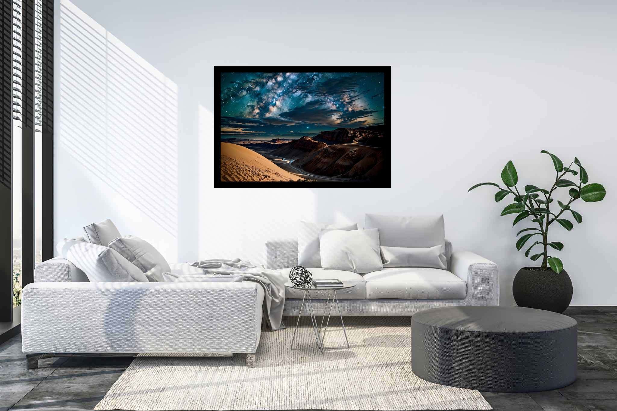Stardust canopy dreams: Night sky art with night sky portraits, in a room with modern style, canvas prints, and home styling items. The art can be printed on poster, framed poster, canvas, metal, acrylic or wood, exclusively at WallArtZen. Find this exact print at https://wallartzen.com/waz224