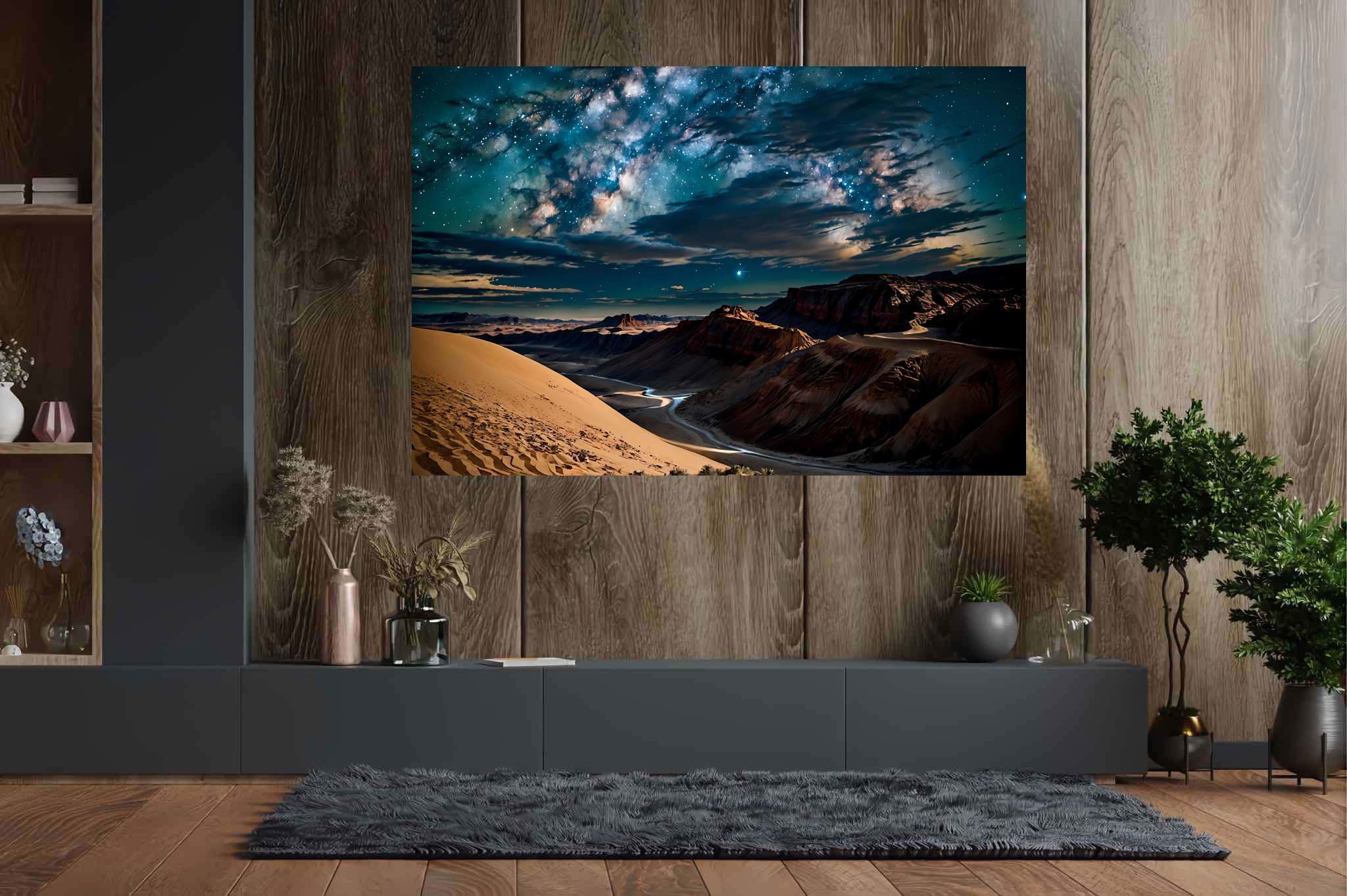 Stardust canopy dreams: Night sky art with dreamy nightscapes, in a room with contemporary flair, mural artworks, and stylish accessories. The art can be printed on poster, framed poster, canvas, metal, acrylic or wood, exclusively at WallArtZen. Find this exact print at https://wallartzen.com/waz224