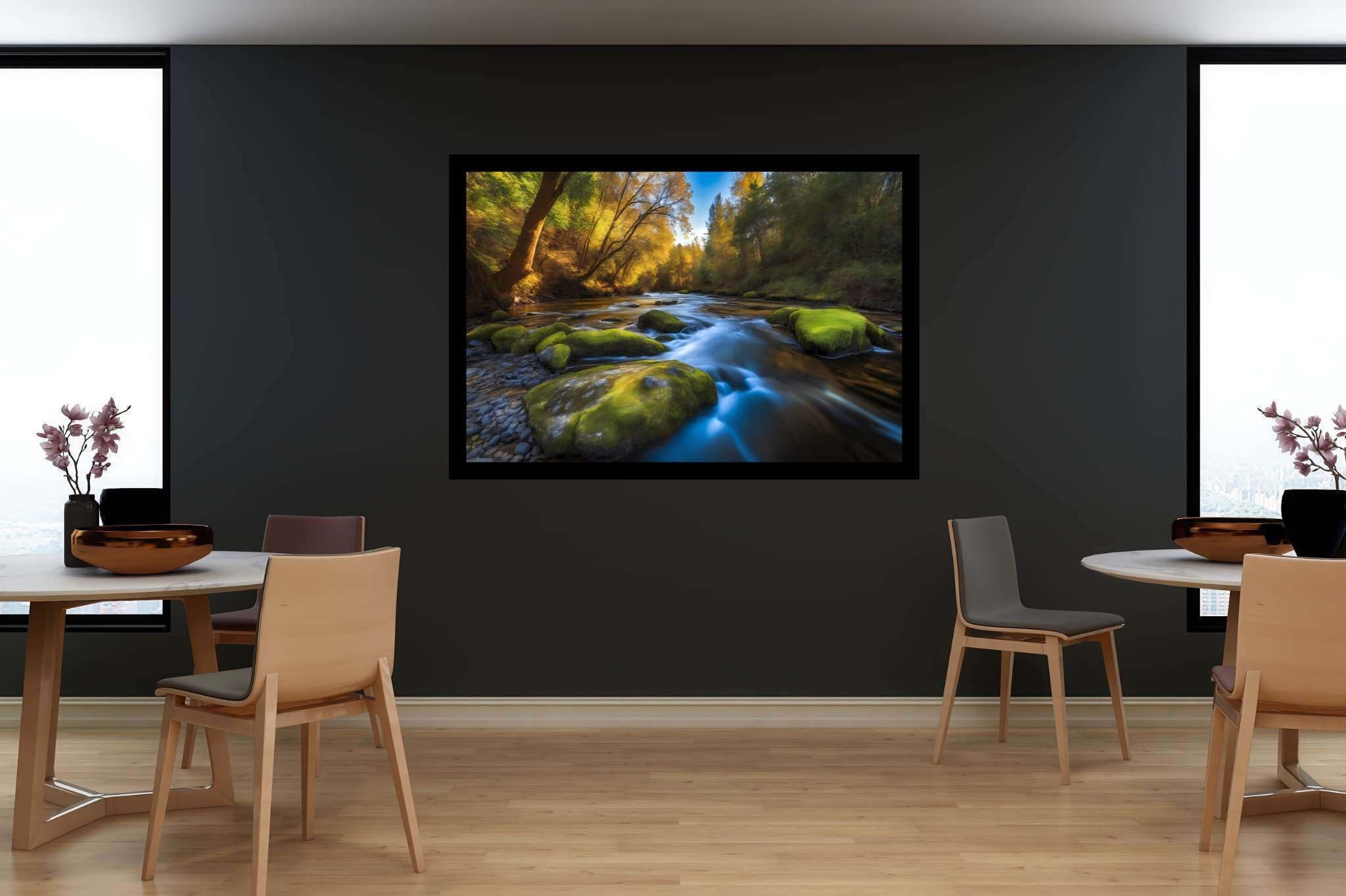 Riversong of stillness: Serenity art with zen art, in a room with minimalist approach, canvas prints, and designer furniture. The art can be printed on poster, framed poster, canvas, metal, acrylic or wood, exclusively at WallArtZen. Find this exact print at https://wallartzen.com/waz225