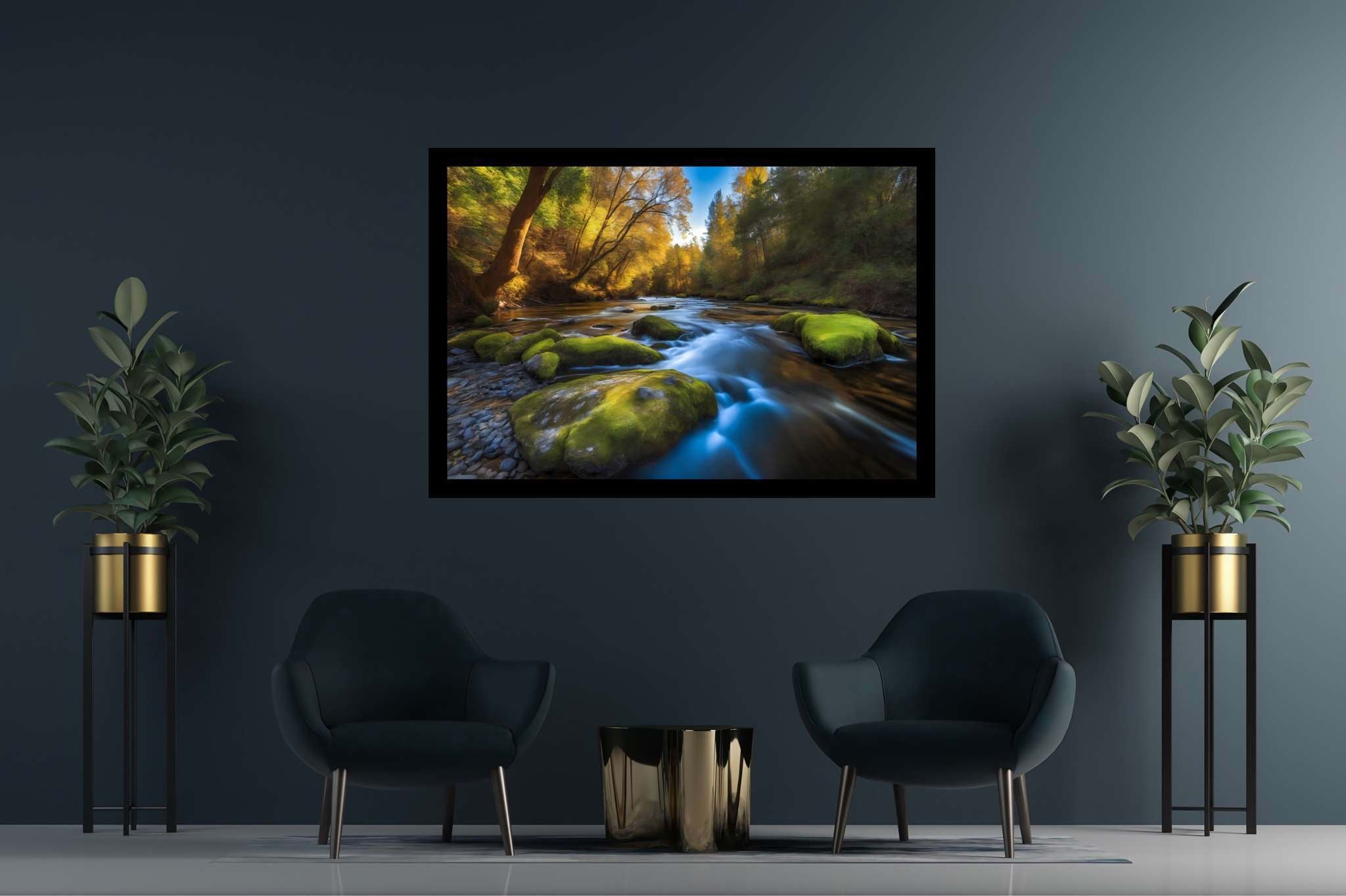 Riversong of stillness: Serenity art with relaxation, in a room with chic decor, framed art, and designer furniture. The art can be printed on poster, framed poster, canvas, metal, acrylic or wood, exclusively at WallArtZen. Find this exact print at https://wallartzen.com/waz225