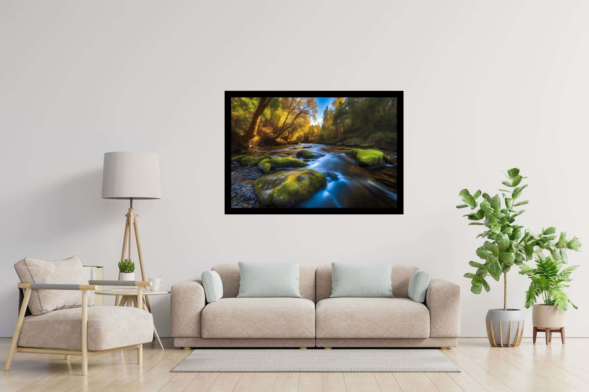 Riversong of stillness: Serenity art with tranquility, in a room with urban design, wall art, and stylish accessories. The art can be printed on poster, framed poster, canvas, metal, acrylic or wood, exclusively at WallArtZen. Find this exact print at https://wallartzen.com/waz225