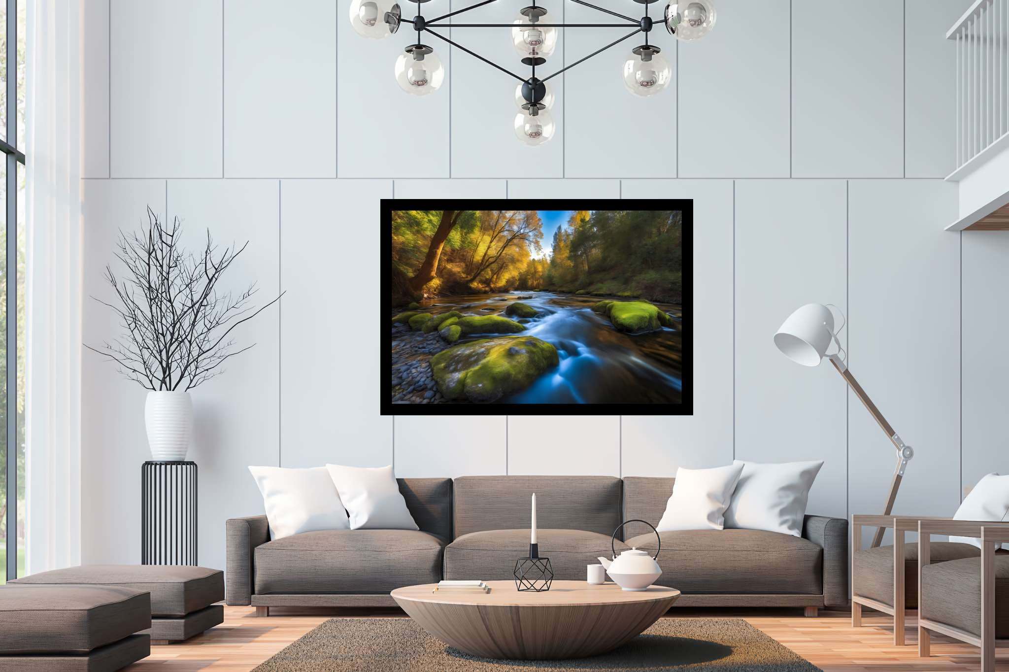 Riversong of stillness: Serenity art with tranquil scenes, in a room with contemporary flair, mural artworks, and elegant home goods. The art can be printed on poster, framed poster, canvas, metal, acrylic or wood, exclusively at WallArtZen. Find this exact print at https://wallartzen.com/waz225