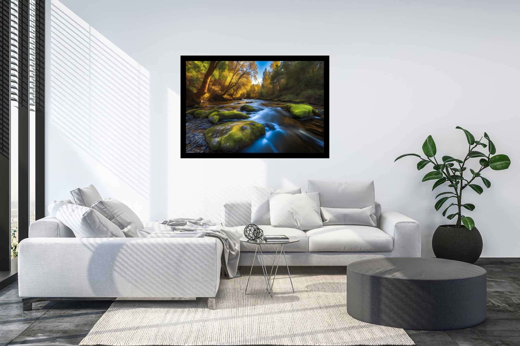 Riversong of stillness: Serenity art with serenity-inspired artwork, in a room with innovative layout, canvas prints, and home furnishings. The art can be printed on poster, framed poster, canvas, metal, acrylic or wood, exclusively at WallArtZen. Find this exact print at https://wallartzen.com/waz225