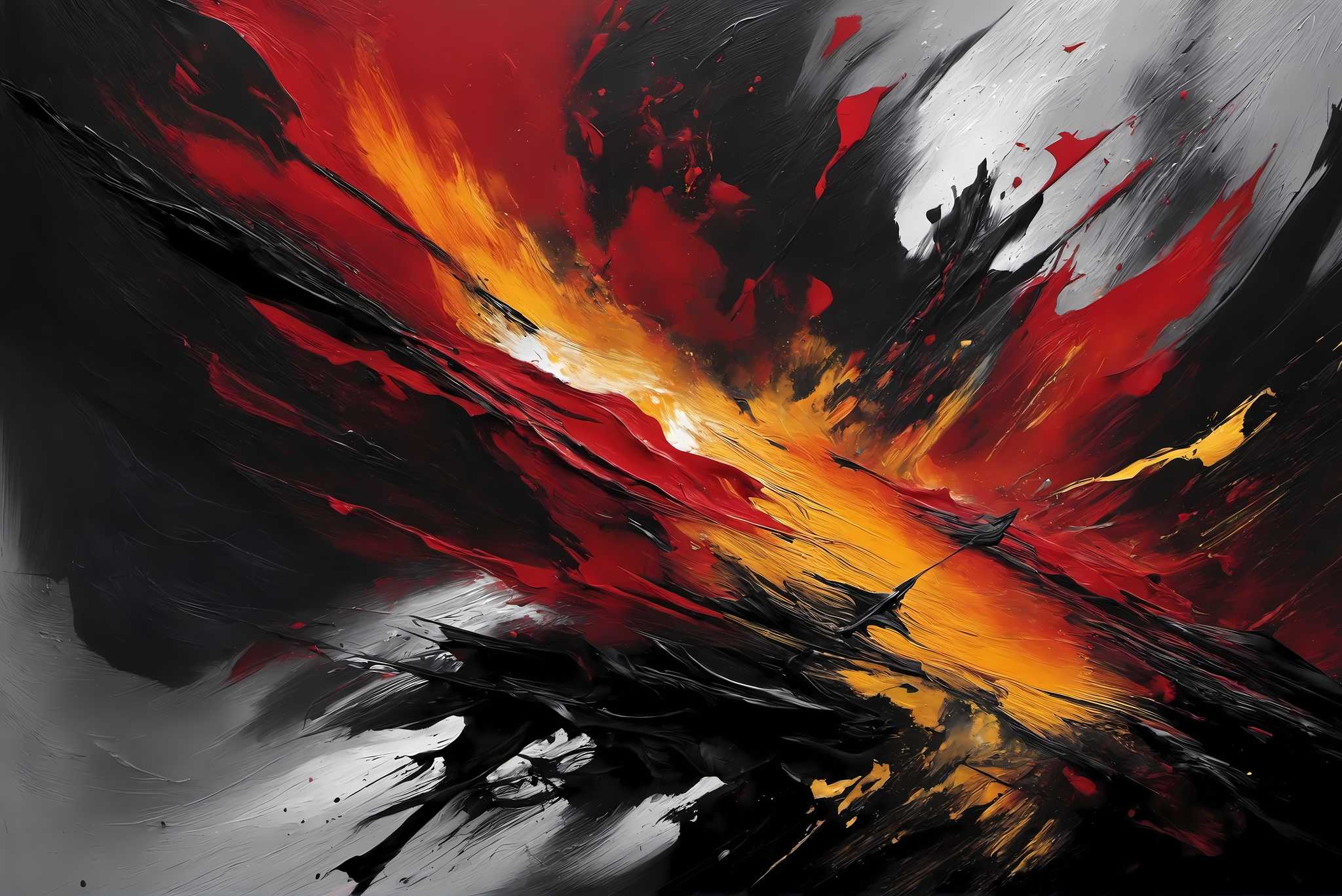 Crimson chaos unleashed: Explosion art with energetic expressions, in a room with minimalist approach, mural artworks, and designer furniture. The art can be printed on poster, framed poster, canvas, metal, acrylic or wood, exclusively at WallArtZen. Find this exact print at https://wallartzen.com/waz228