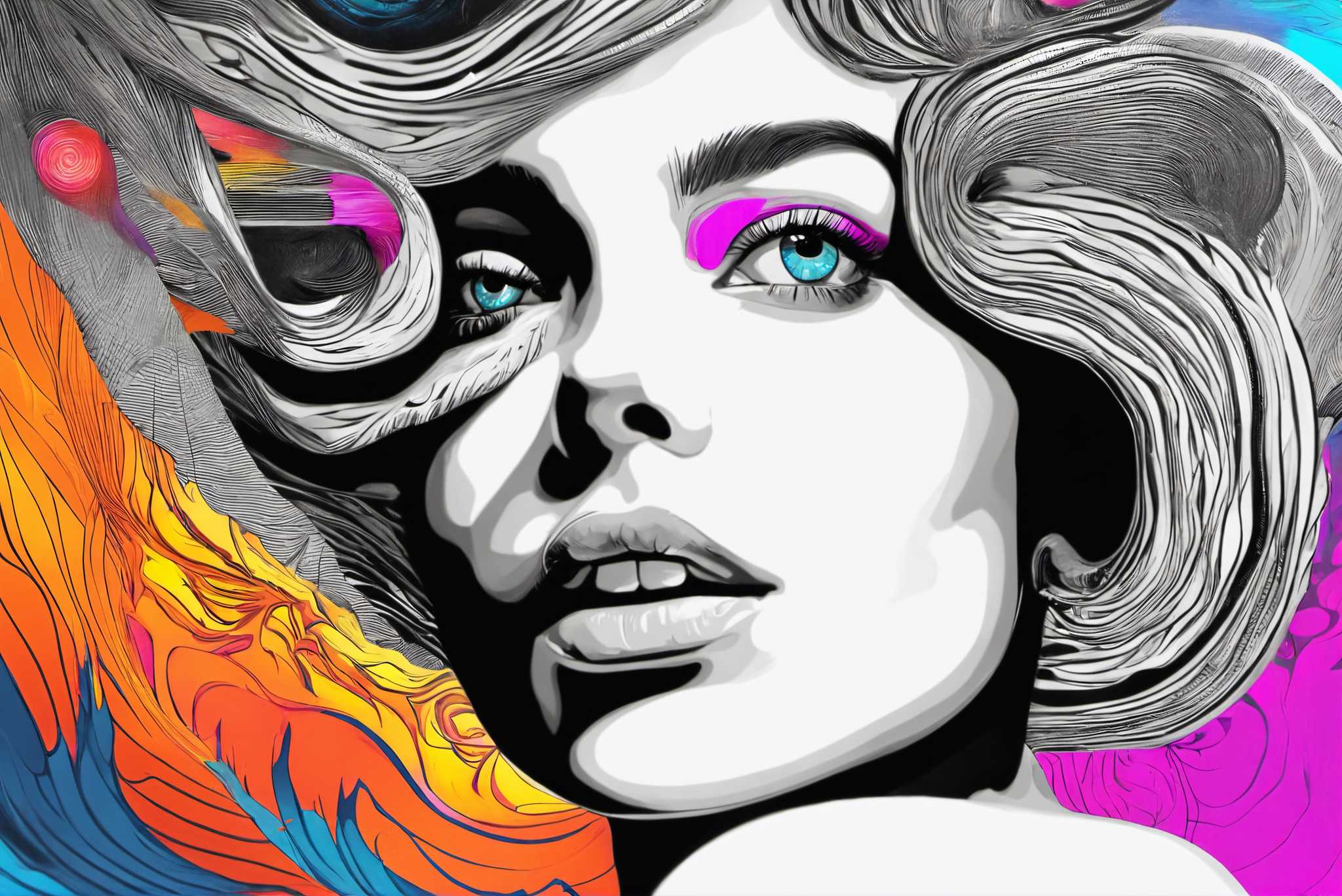 Ethereal muse in chromatic rhapsody: Surreal woman art with alternative women representation, in a room with innovative layout, bespoke art designs, and designer furniture. The art can be printed on poster, framed poster, canvas, metal, acrylic or wood, exclusively at WallArtZen. Find this exact print at https://wallartzen.com/waz230