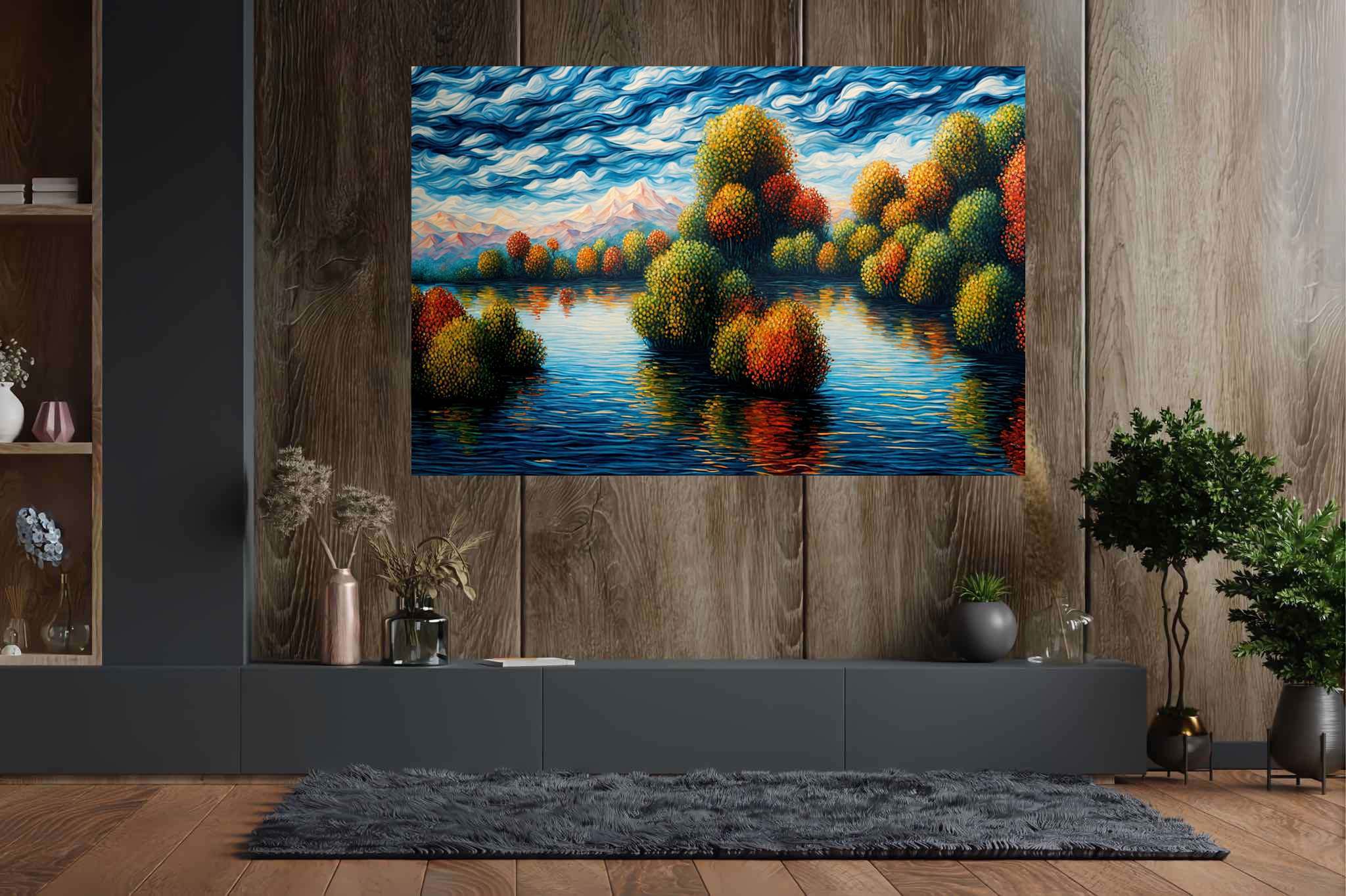 Hushed horizon embrace: Serene landscape art with soothing landscape pictures, in a room with chic decor, photographic wall art, and stylish accessories. The art can be printed on poster, framed poster, canvas, metal, acrylic or wood, exclusively at WallArtZen. Find this exact print at https://wallartzen.com/waz231